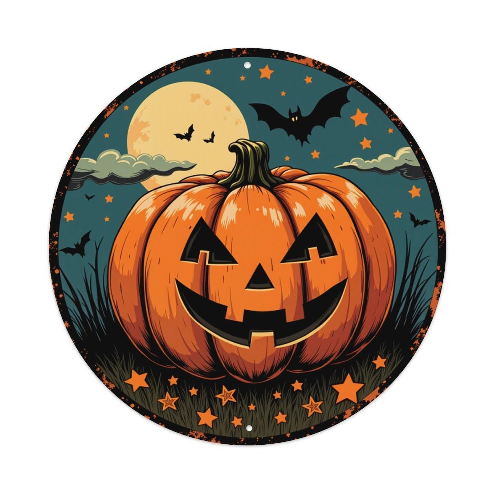 Pumpkin Moon Bats Stars Night Round Tin Sign Retro Metal Sign for Cafe Bar Pub Home Game Room Gym Club Wall Decoration Vintage Metal Poster 8x8 Inch