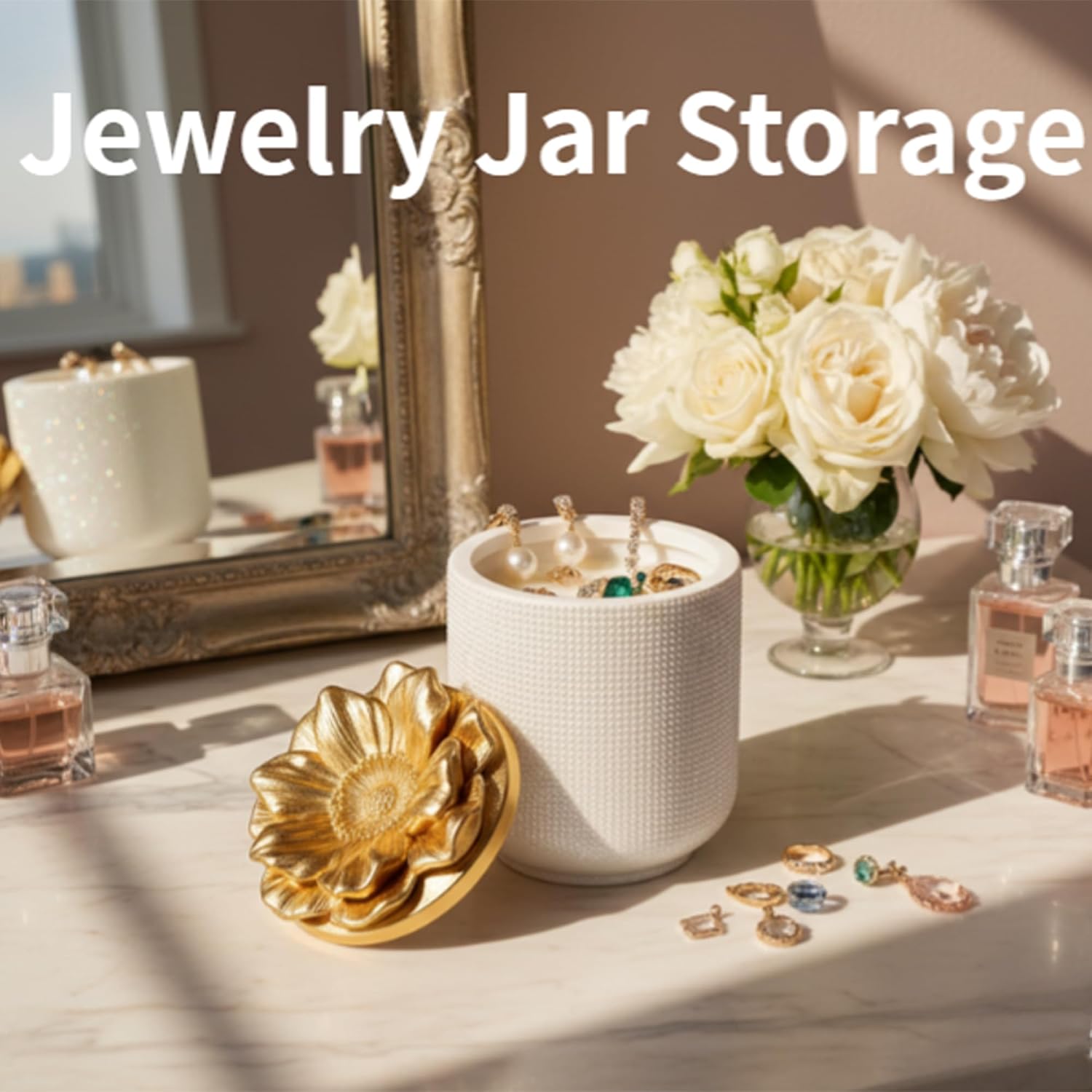 1Pc Jar Epoxy Resin Casting Mold with Poppy Flower Lid Jewelry Storage Box Container Silicone Mold for DIY Plant Flowerpot Vase Candle Holder Concrete Art Craft Home Decor Polymer Clay