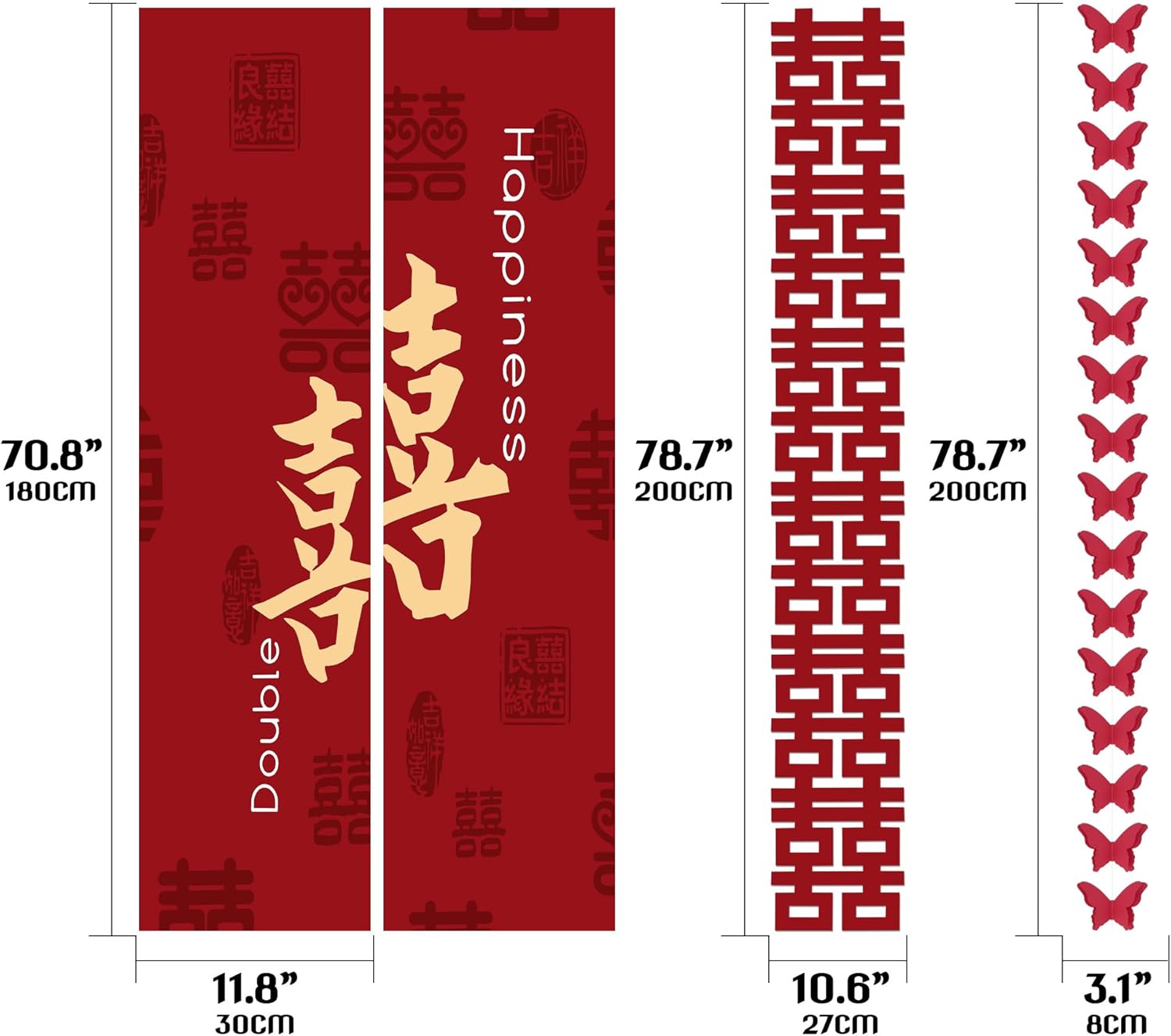HannaFires 6PCS Wedding Party Double Happiness Decoration Set – Red Xi Banner with Butterfly Garlands & Long Scrolls, Traditional Wedding Room or Hotel Décor for Bride and Groom, Meaningful Gift