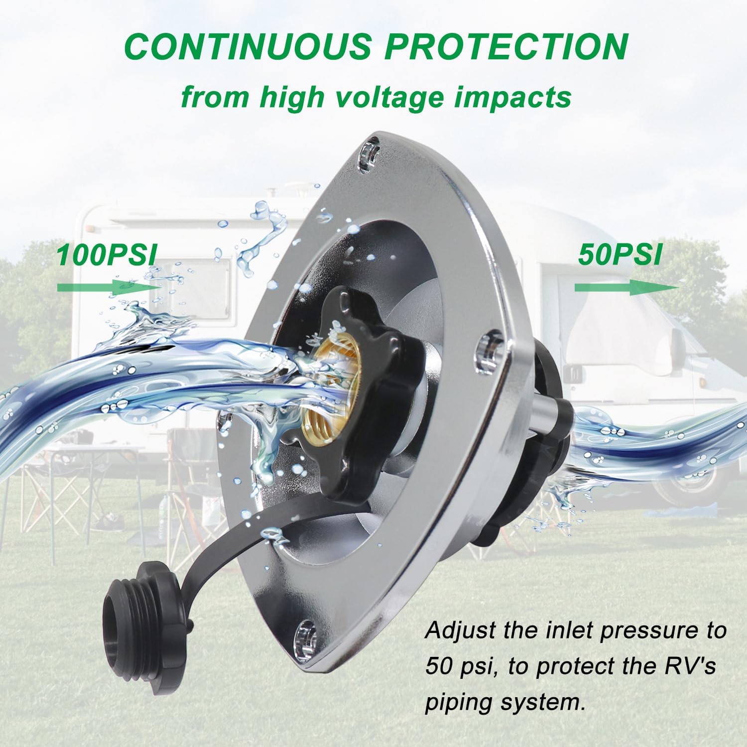 RV City Inlet Connection Pressure Reducing Fill Hatch with Brass Check Valve and Quick Coupler Dustproof Inlet Hose Adapter for Fresh Water Fill Compatible with RV Boat Camper Trailer(Silver)