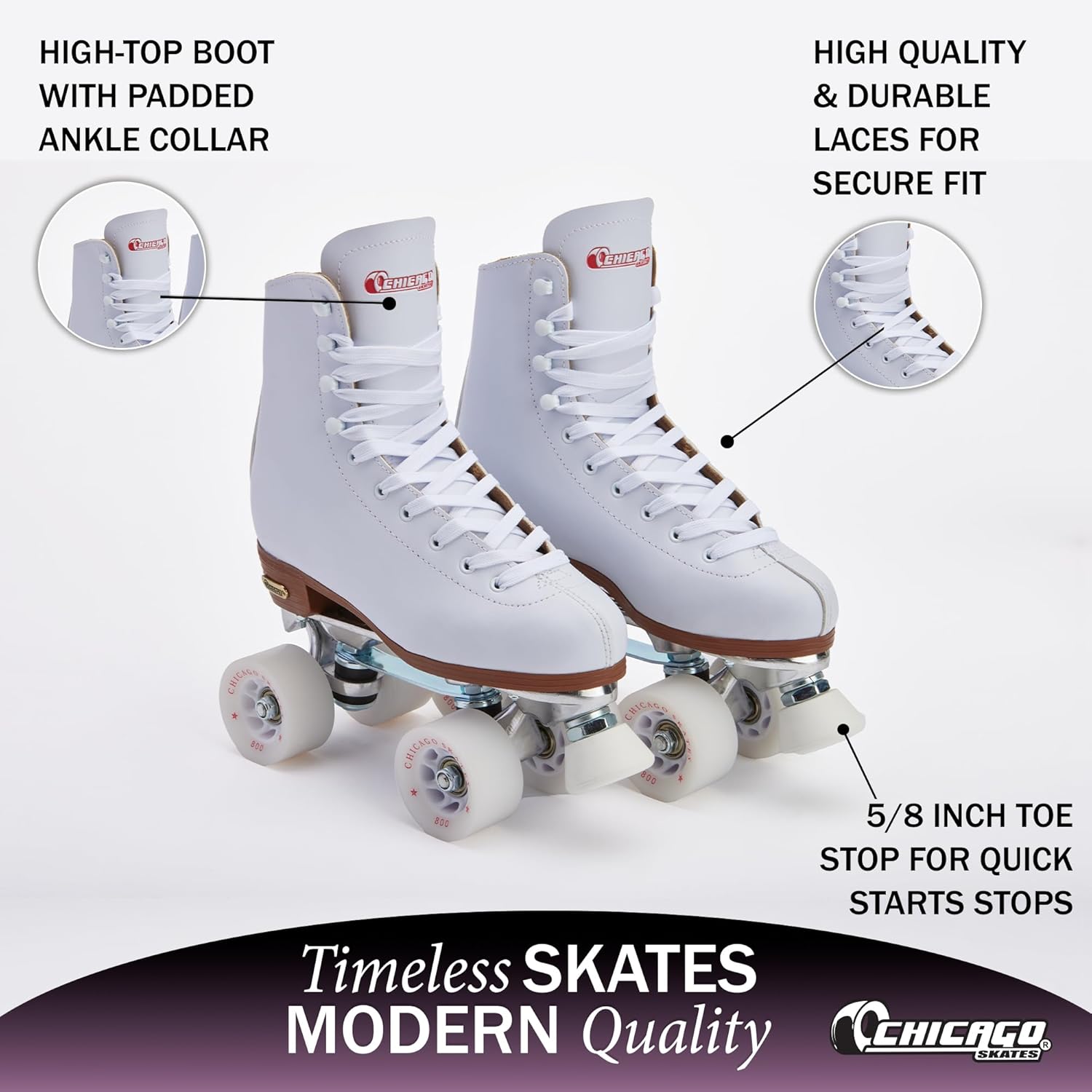Chicago Quad Roller Skates for Women & Men – Durable, Top Performance Indoor/Outdoor Use or Roller Derby - Classic Deluxe Leather High-Top Boots with 60mm Urethane Wheels & Semi-Precision Bearings