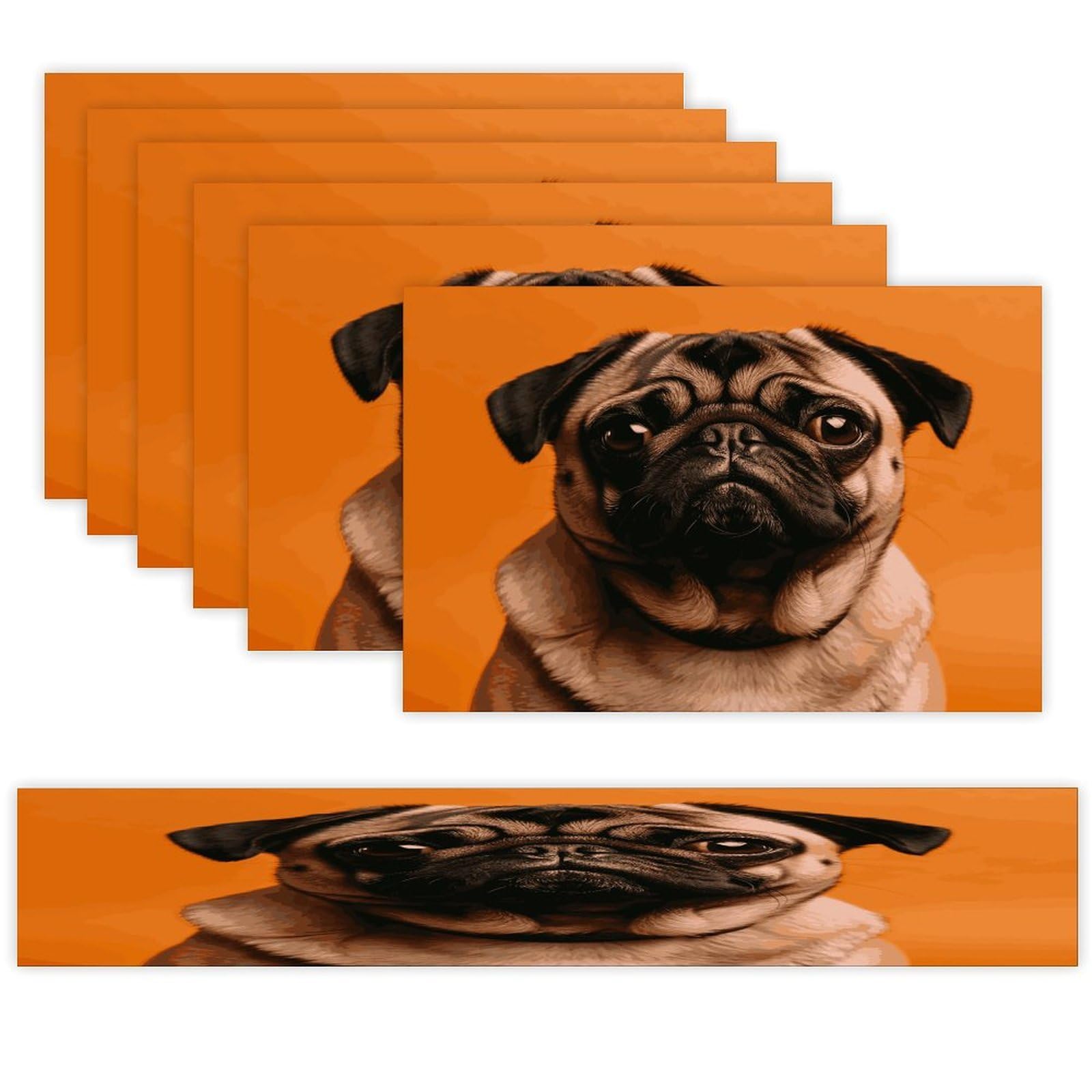 A Pug Table Runner and Placemats Set of 6 Wipe Clean Heat Resistant Table Mat with Table Runner Decorations Flax Linen Place Mat Set for Home Kitchen Party Supplies