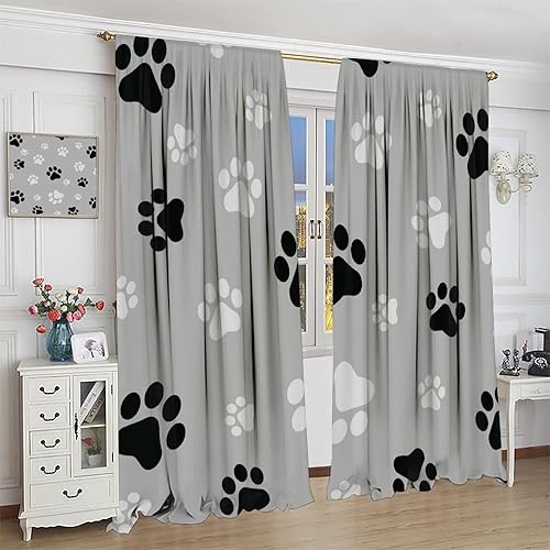 Miniatura 95 de Cortinas opacas con estampado de patas de perro, estampado de patas de perro y huesos, tratamiento de ventana, cortinas con aislamiento térmico