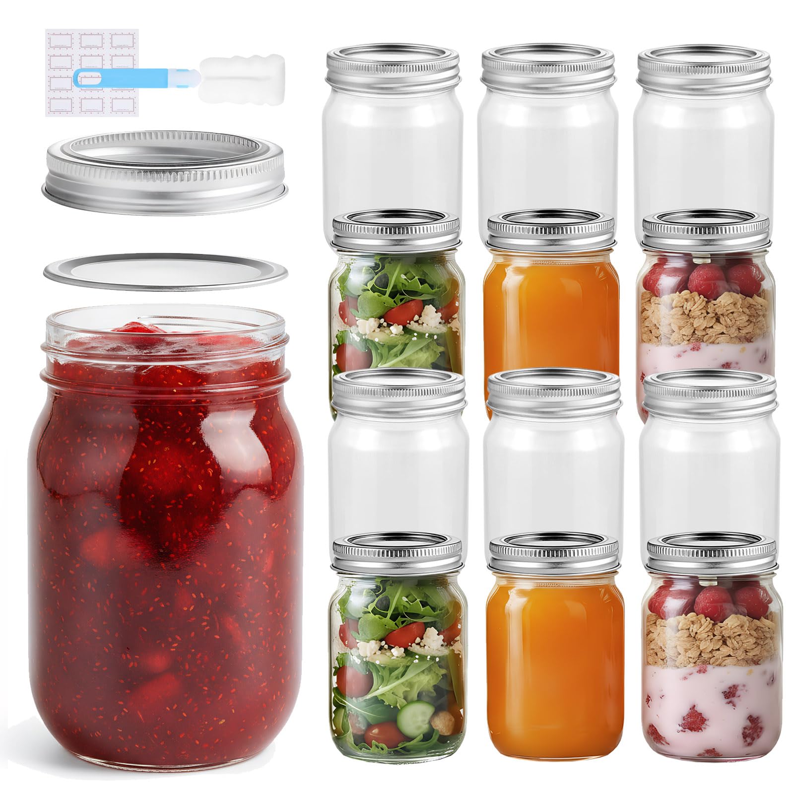 Glass Mason Jars 12 Pack 500ml/16 oz with Airtight Lids, Round Mouth Canning Jars, Clear Glass Jam Jars for Overnight Oats, Pickling, Food Storage, DIY Projects, with Cleaning Brush & Sticker Labels