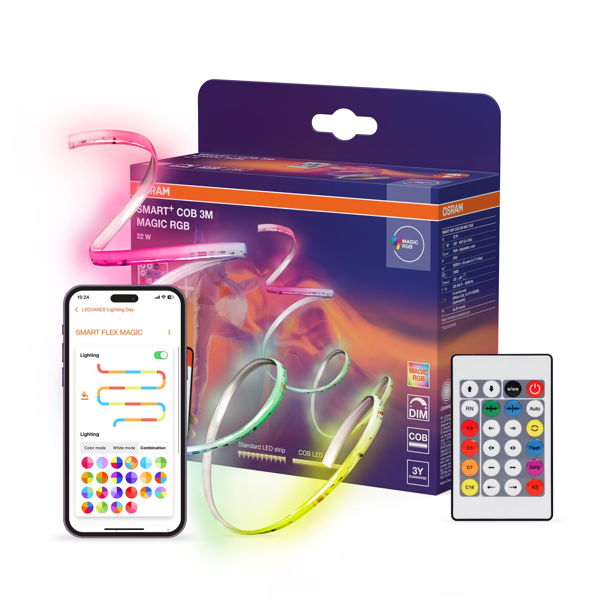 Osram SMART WIFI COB Strips 3m MGC RGB mit Fernbedienung | Smart+ Wifi COB, Silikon, Weiß, 30000 h, 1-Pack