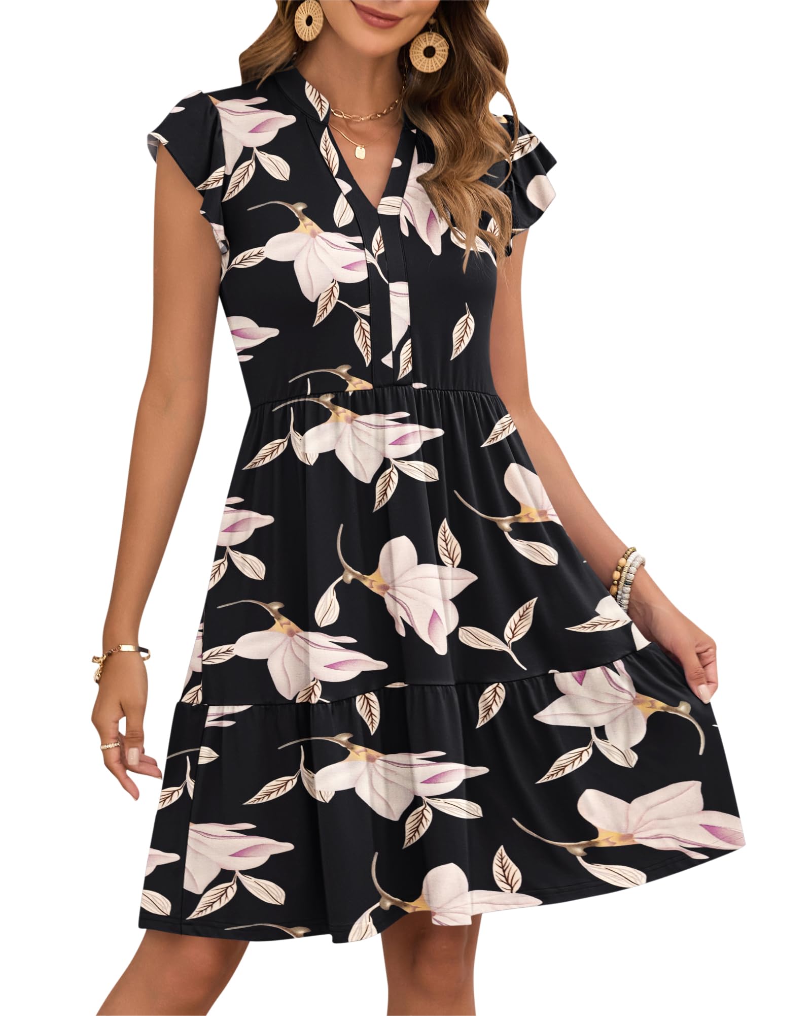 AUSELILY Vestito Donna Estivo con Scollo a V Maniche a Volant Mini Abito Vita Elastica Vestiti Casual con Tasche