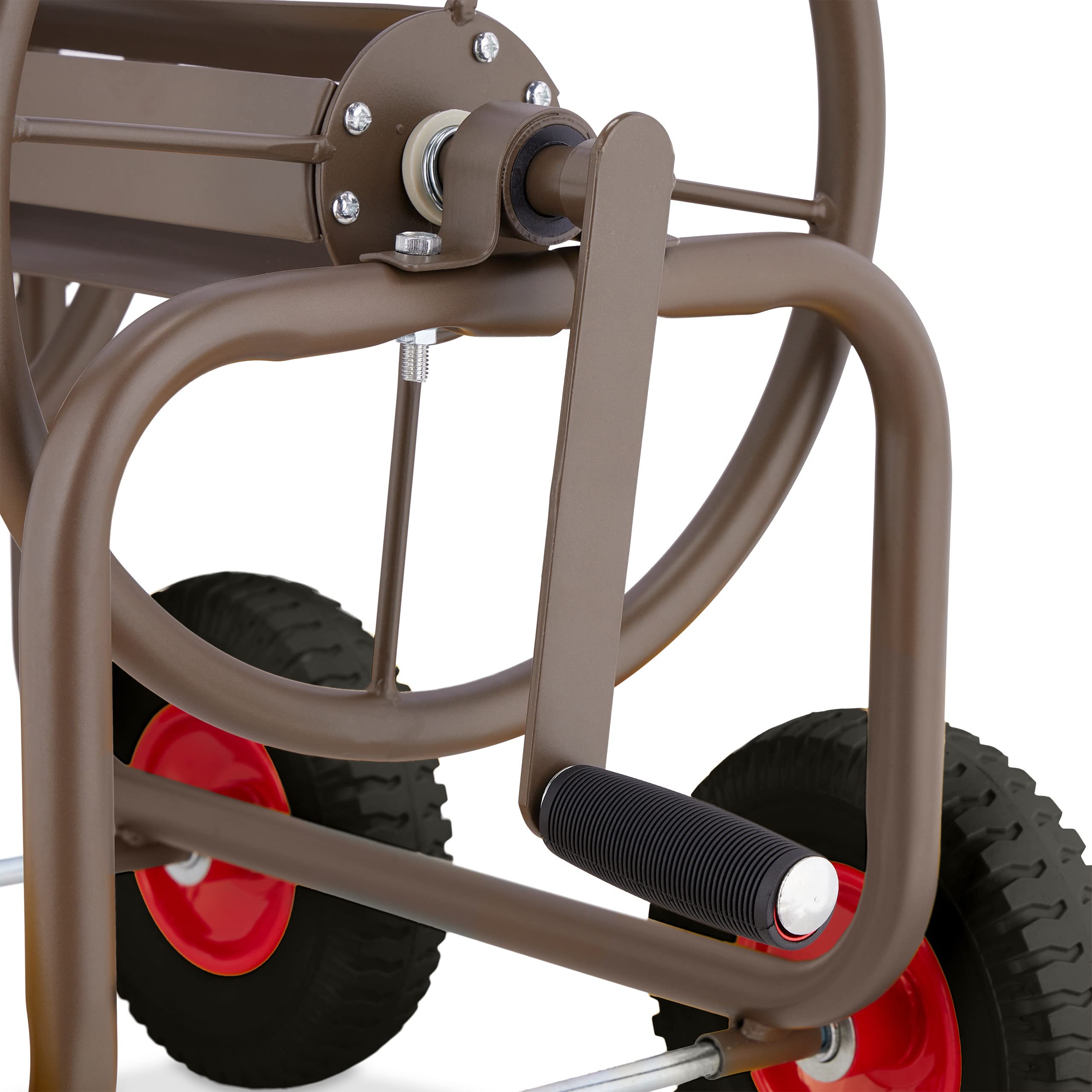 Relaxdays Dévidoir arrosage, Jusqu’à 60 m de Tuyau, 4 Roues à Caoutchouc Dur, attelage à clic, Enrouleur, Marron
