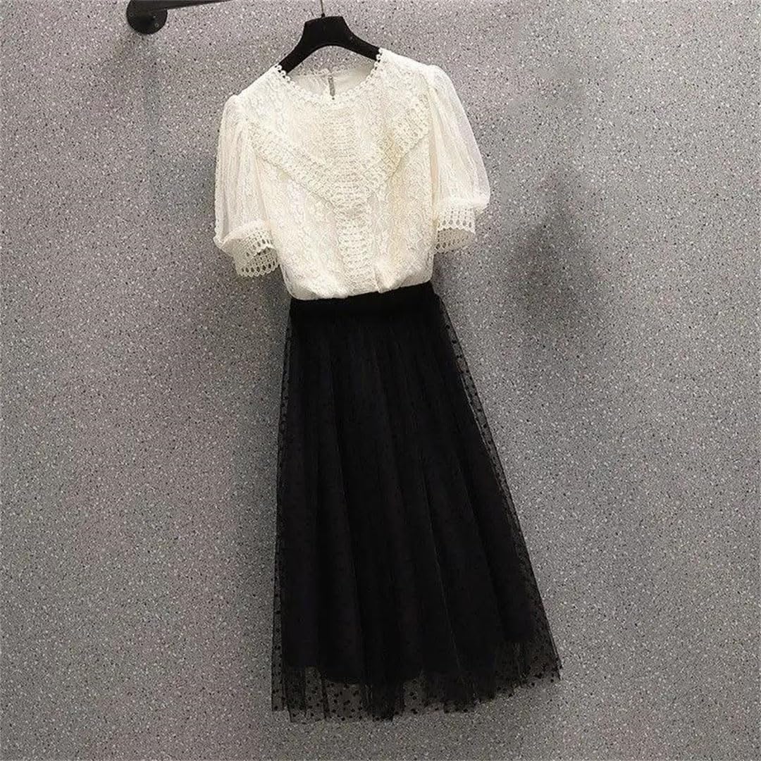 Women's Lace Mesh Shirt Puff Sleeve Tops A-Line Skirts Two Piece Set