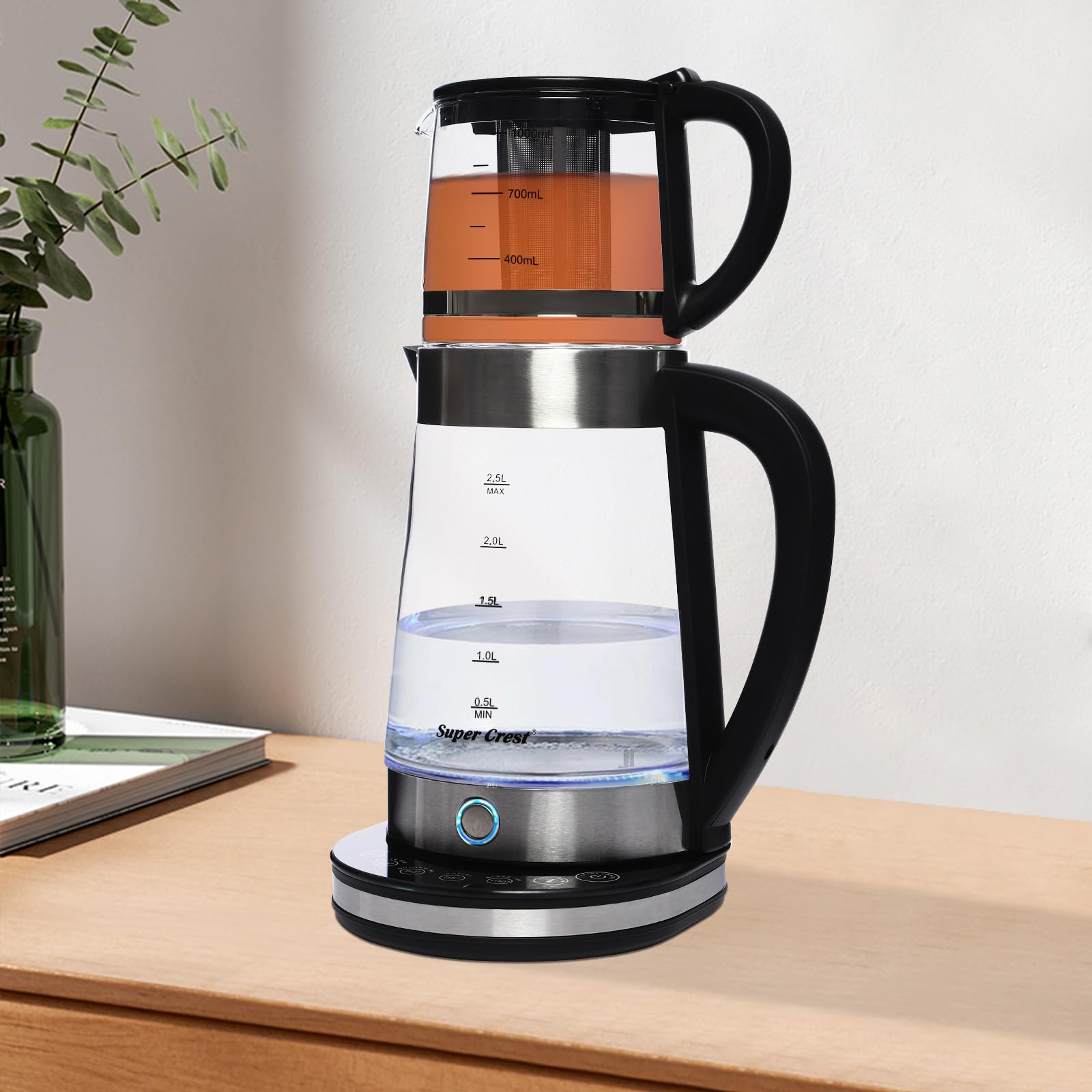 Théière électrique 2 en 1 1 500 W avec réglage de la température - 2,5 l + 1 l - En acier inoxydable et verre - Protection contre la surchauffe - Arrêt automatique