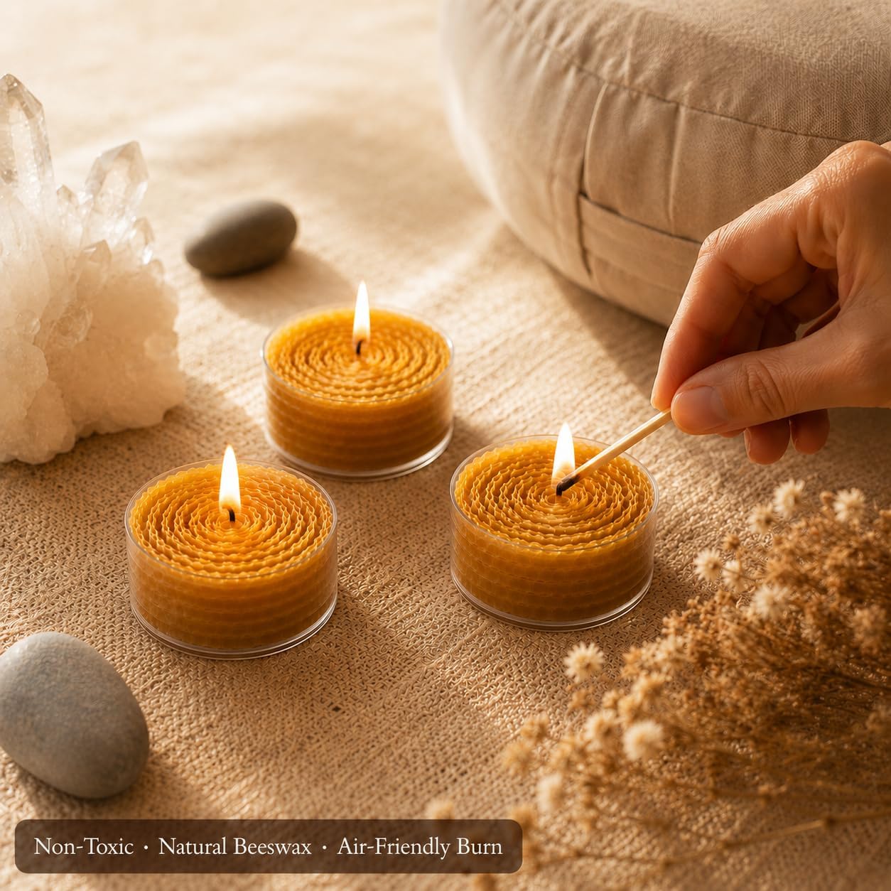 Rolled Beeswax Tealight Candles 12 Pack, Handmade Honeycomb Natural Non-Toxic Smokeless Pure Beeswax Tea Lights, Unscented Honey Scent, 4-Hour Burn Air Purifying Candles for Home Decor & Meditation