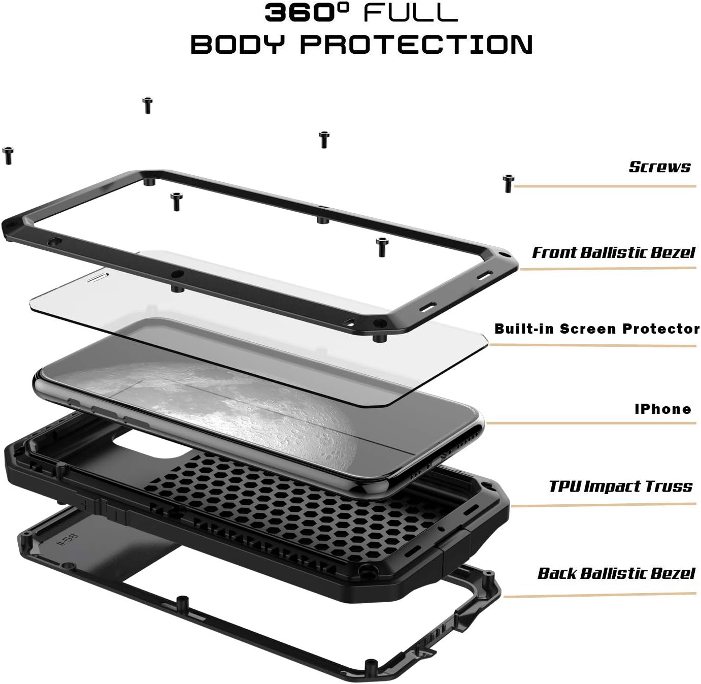 iPhone 11 Pro Max Case - Military Grade Drop Tested, Metal TPU Rugged Dustproof Shockproof Heavy Duty 360 Full Body Built-in Screen Protector Protective Case Cover for Apple iPhone 11 Pro Max (Silver)