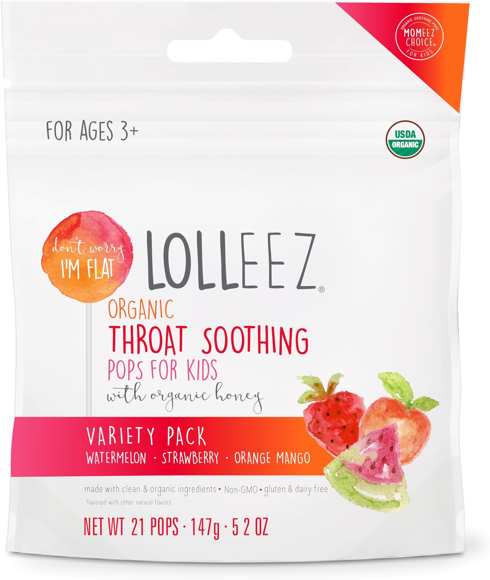 Lolleez Organic Lollipops for Sore Throat Relief – Variety Pack Perfect for Soothing A Sore Throat While Tasting Great– Strawberry, Watermelon & Orange Mango, 21- Count