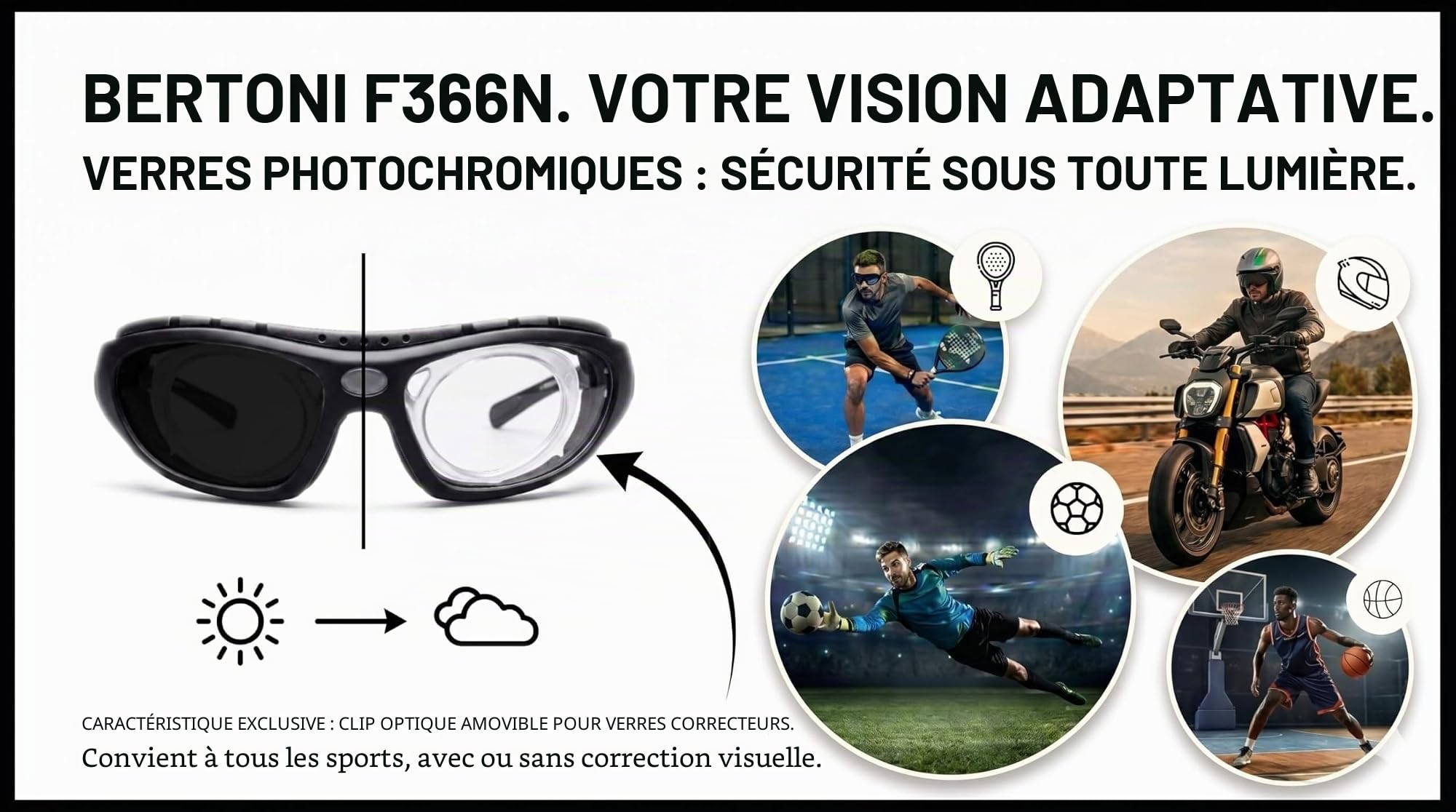 Bertoni Lunettes de Moto Photochromiques avec Clip Amovible pour Verres Optiques - Plaquette de Nez Réglable - Lunettes Moto 366