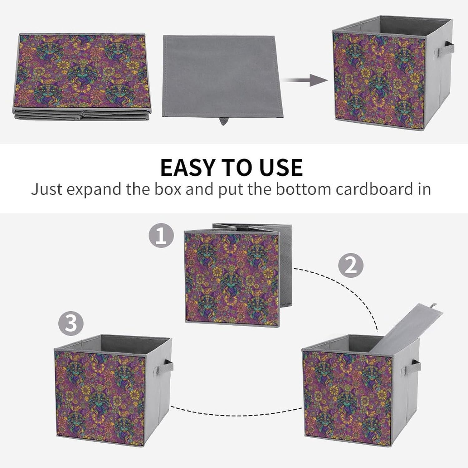 Collapsible Fabric Storage Bins with Handles Colorful Hippie Cat, Versatile Foldable Cube for Organizing Kids' Toys, Games, Perfect for Playroom & Nursery