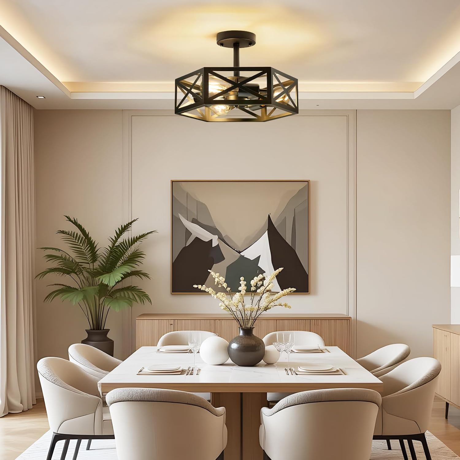 Modern Semi Flush Mount Ceiling Light,3-Light Hexagon Flush Mount Ceiling Lights for Dining Room Light Fixture,Farmhouse Black Metal Kitchen Island Lighting Fixtures for Hallway,Bathroom