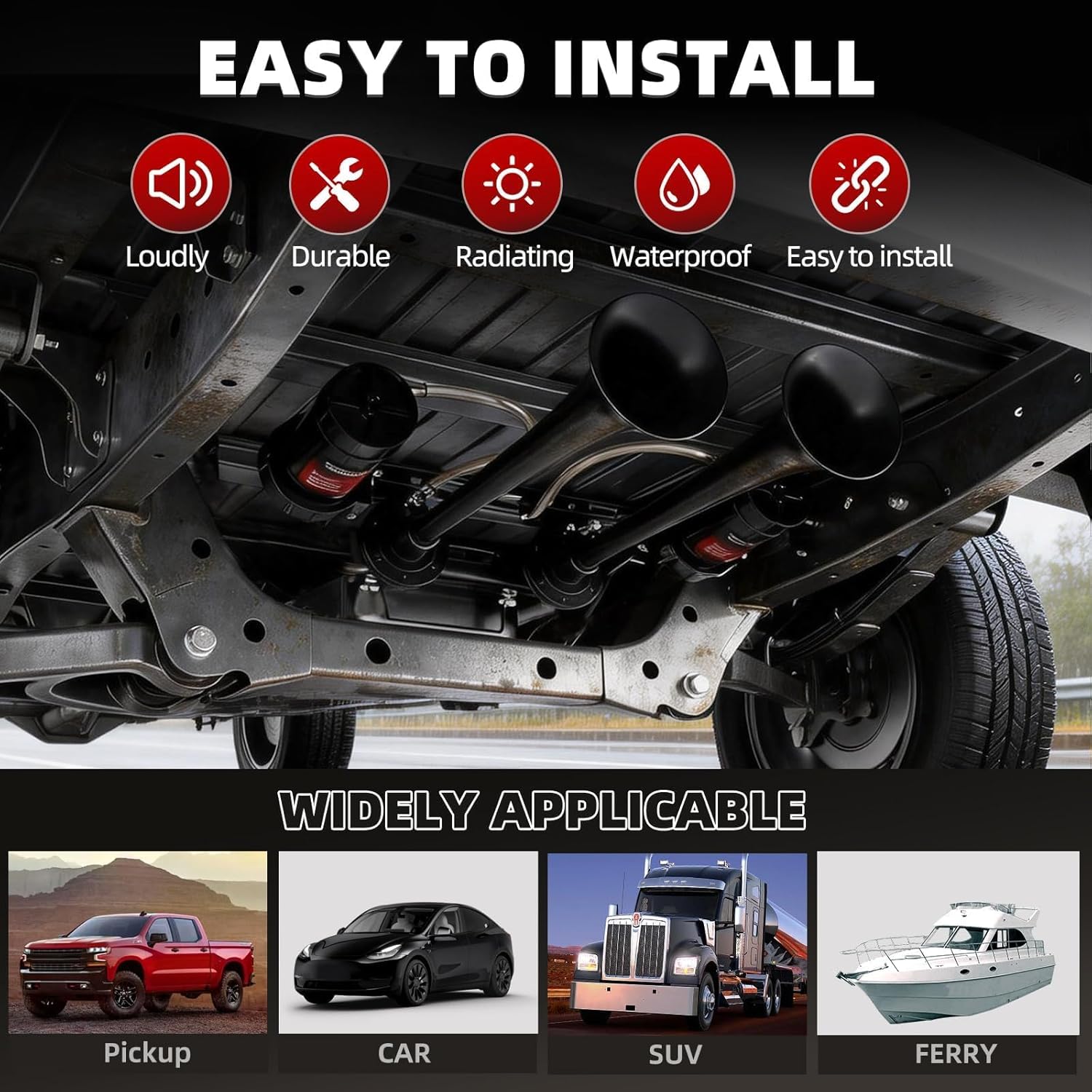 Dual 2-Trumpet Metal Air Horn for truck Kit with 2 air Compressors,12V 150dB Ultra Loud impact train car horn moto horn is suitable for pickup/SUV/Boat and other vehicles (Black with button)