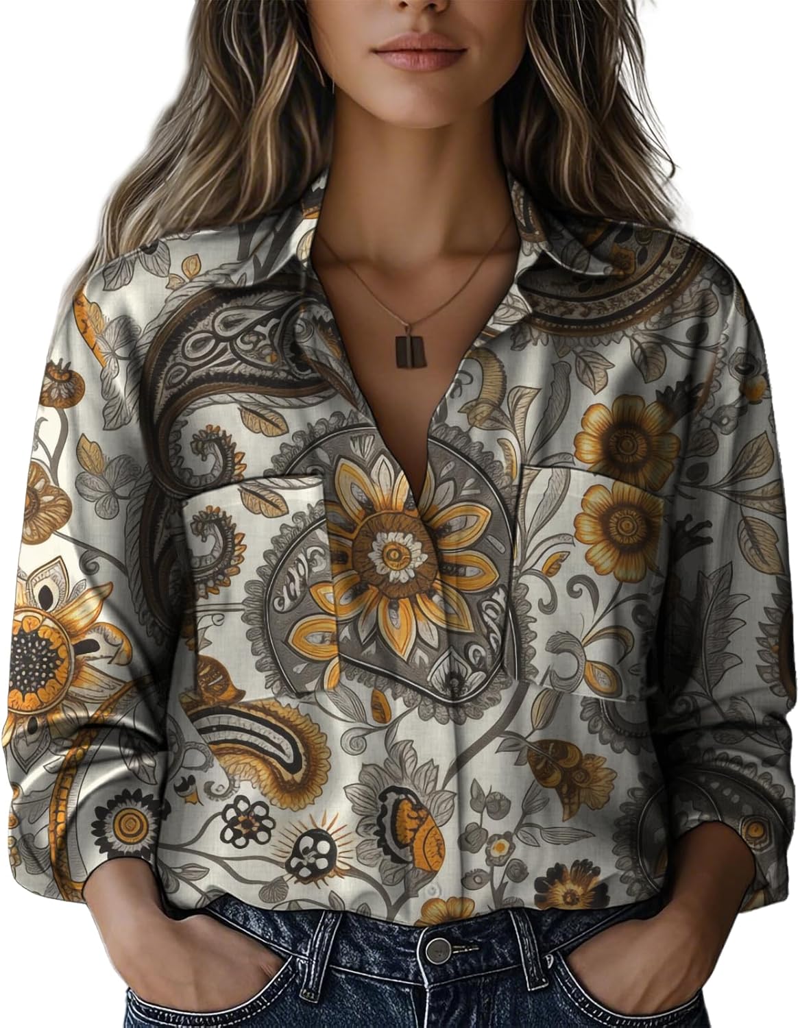 Long Sleeve Shirts for Women Daily V Neck Oversized Floral Graphic Hawaiian Flowy B...