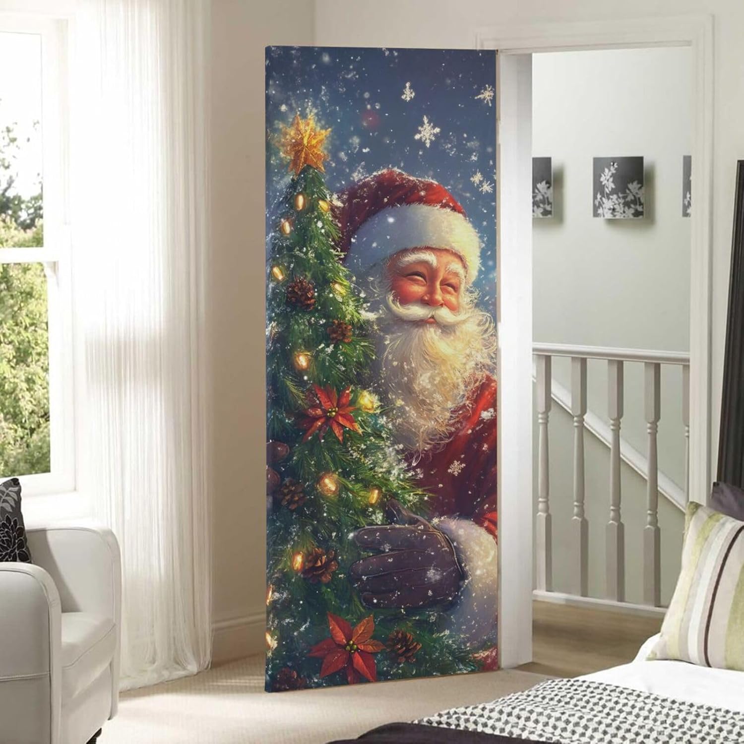 Qilmy Sparkling Santa Claus Door Cover, 36x98in - Decorate House, Living Room, Corridor, Parties, Shopping Mall, Window - Christmas Decoration