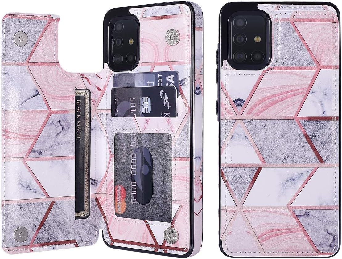 UEEBAI Case for Samsung Galaxy A51, Premium PU Leather Case Geometric Marble Pattern Back Wallet Cover [Two Magnetic Clasp] [Card Slots] Stand Function Durable Soft TPU Case - Grey & Pink