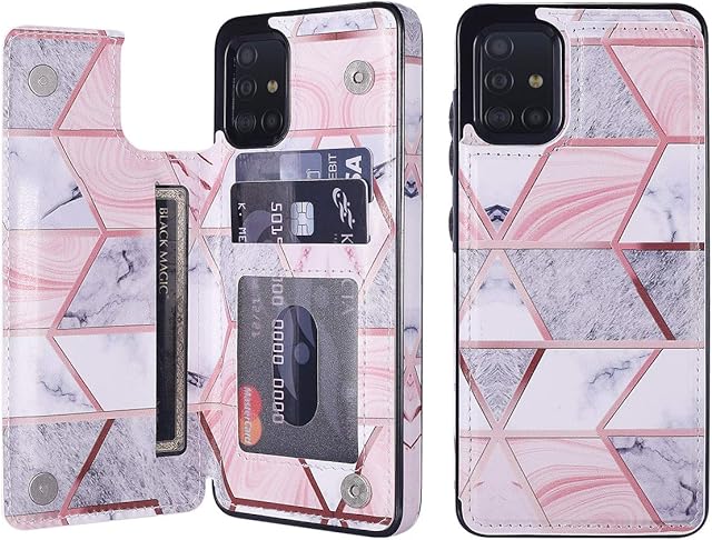 UEEBAI Case for Samsung Galaxy A51, Premium PU Leather Case Geometric Marble Pattern Back Wallet Cover [Two Magnetic Clasp] [Card Slots] Stand Function Durable Soft TPU Case - Grey & Pink