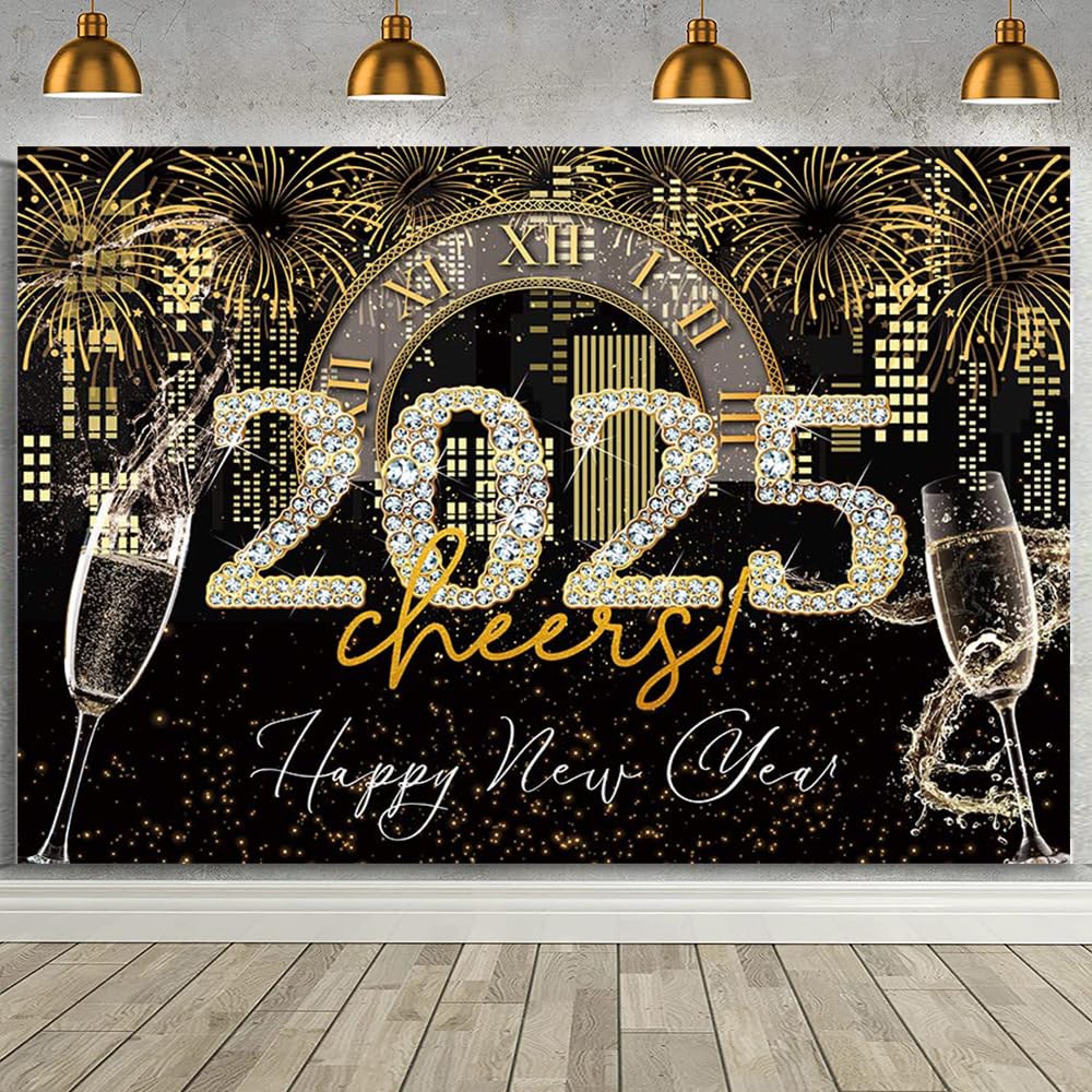 MEHOFOND 7x5ft Happy New Year Backdrop Gold and Black 2025 Cheers Happy New Year Decorations Banner Firework New Years Eve Party Champagne Photography