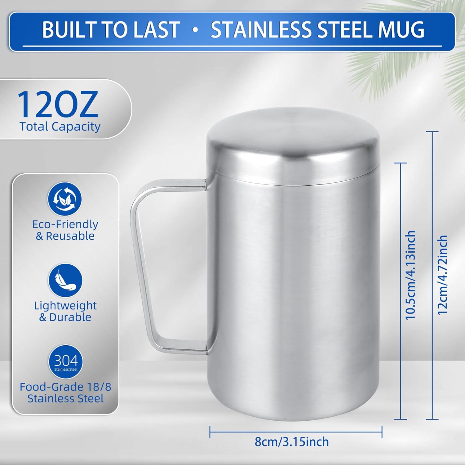 12 oz Stainless Steel Camping Mugs with Handles and Lids – Double Wall Coffee Tea Cups, Set of 2