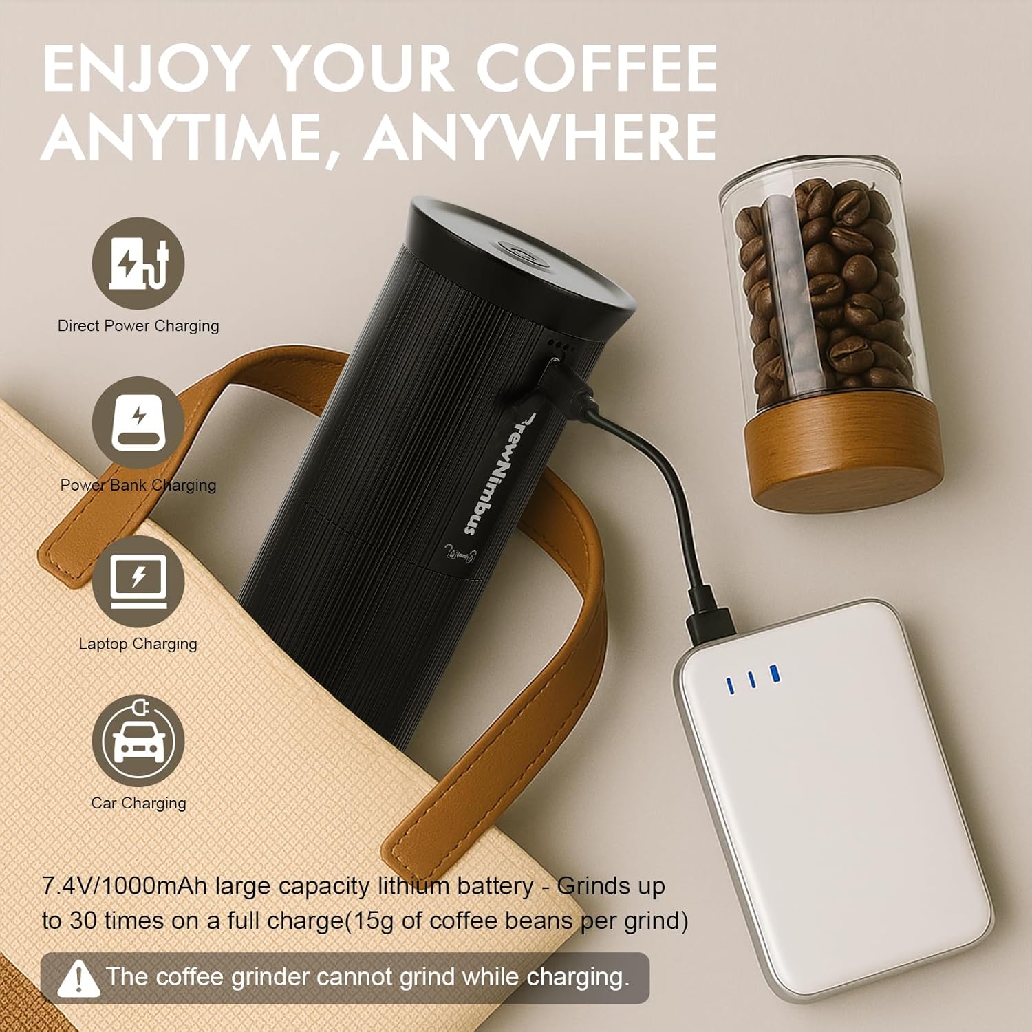 Portable Electric Coffee Grinder – Rechargeable Coffee Bean Grinder with Stainless Steel Conical Burr for Travel, Camping – External Adjustable Settings for Espresso, Pour Over & French Press