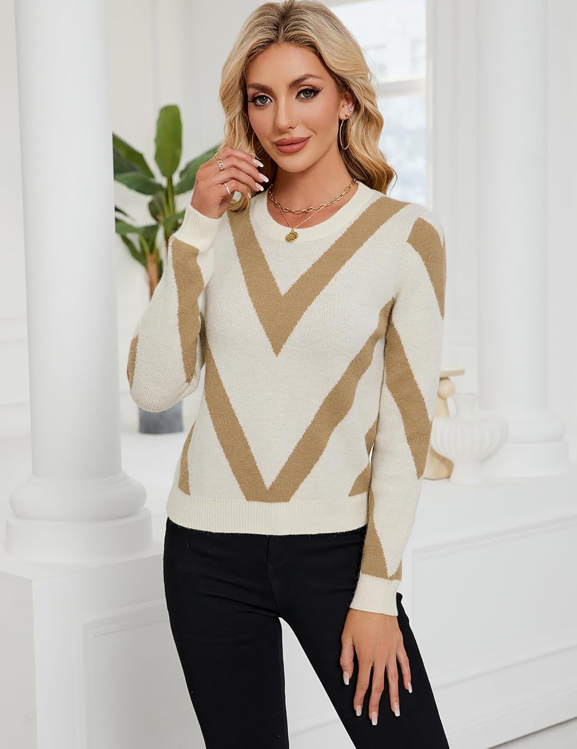 Womens Dressy Casual Color Block Striped Sweater Fall 2025 Trendy Outfits Lightweight Ribbed Knit Pullover Top - Image 5