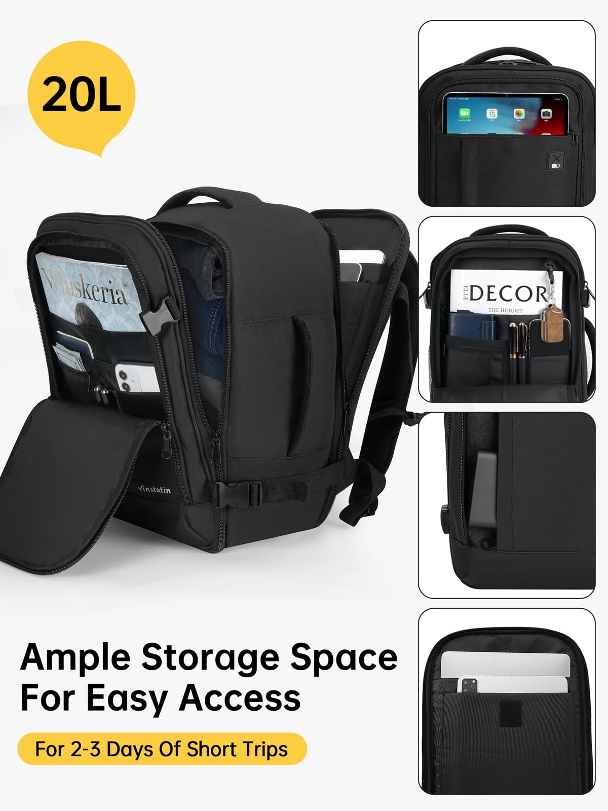 Vinstatin Zaino Ryanair 40x20x25 (20L) Zaino da Viaggio per Donne e Uomini,Zaino Aereo con 4 Sacchetti Organizzatori, bagaglio a mano Borsa Viaggio Cabina Zaino Travel Viaggio Casual