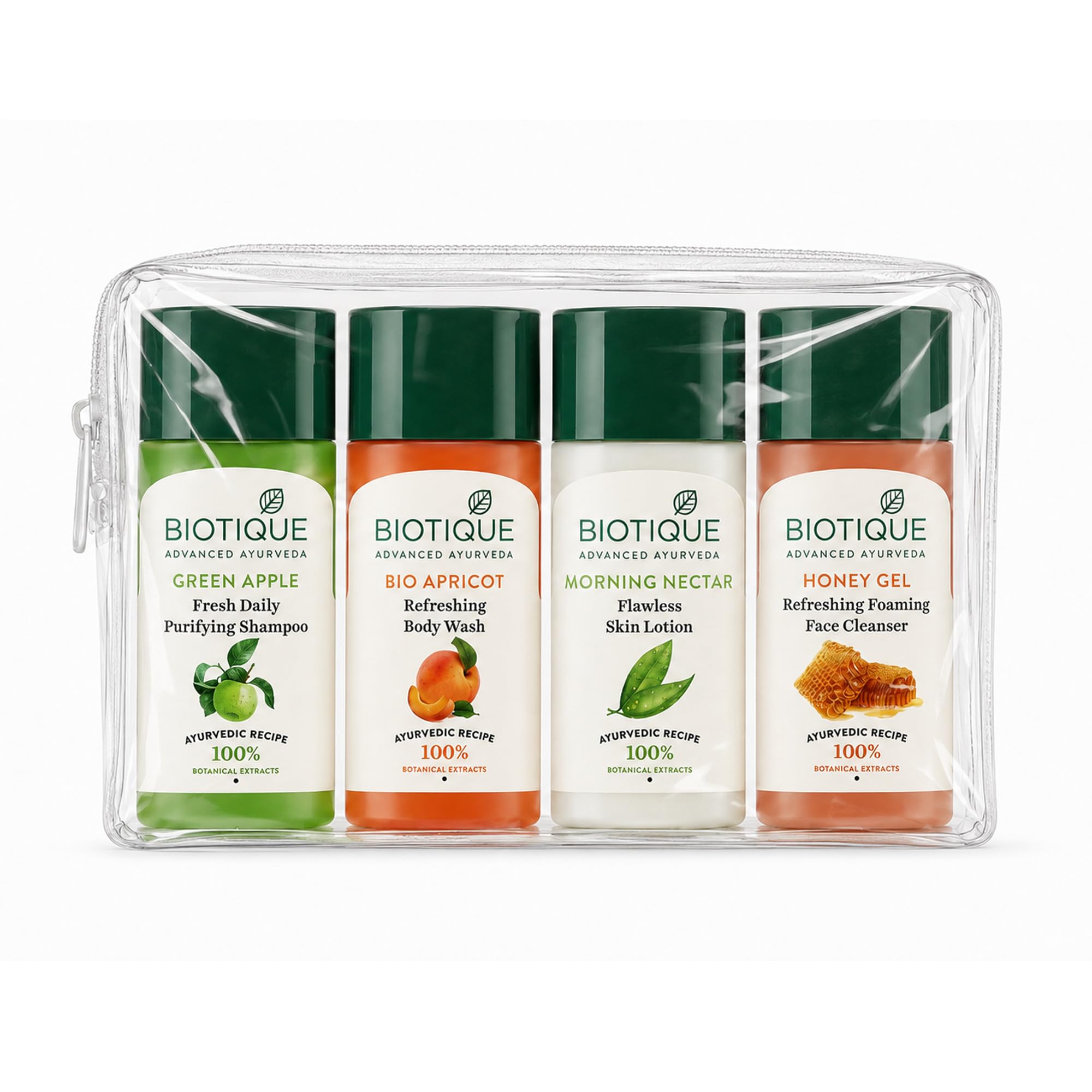 Biotique Travel Kit | Includes Green Apple, Bio Apricot, Morning Nectar & Honey Gel | Mini Skincare & Haircare Essentials for Travel | Enriched with 100% Botanical Extracts