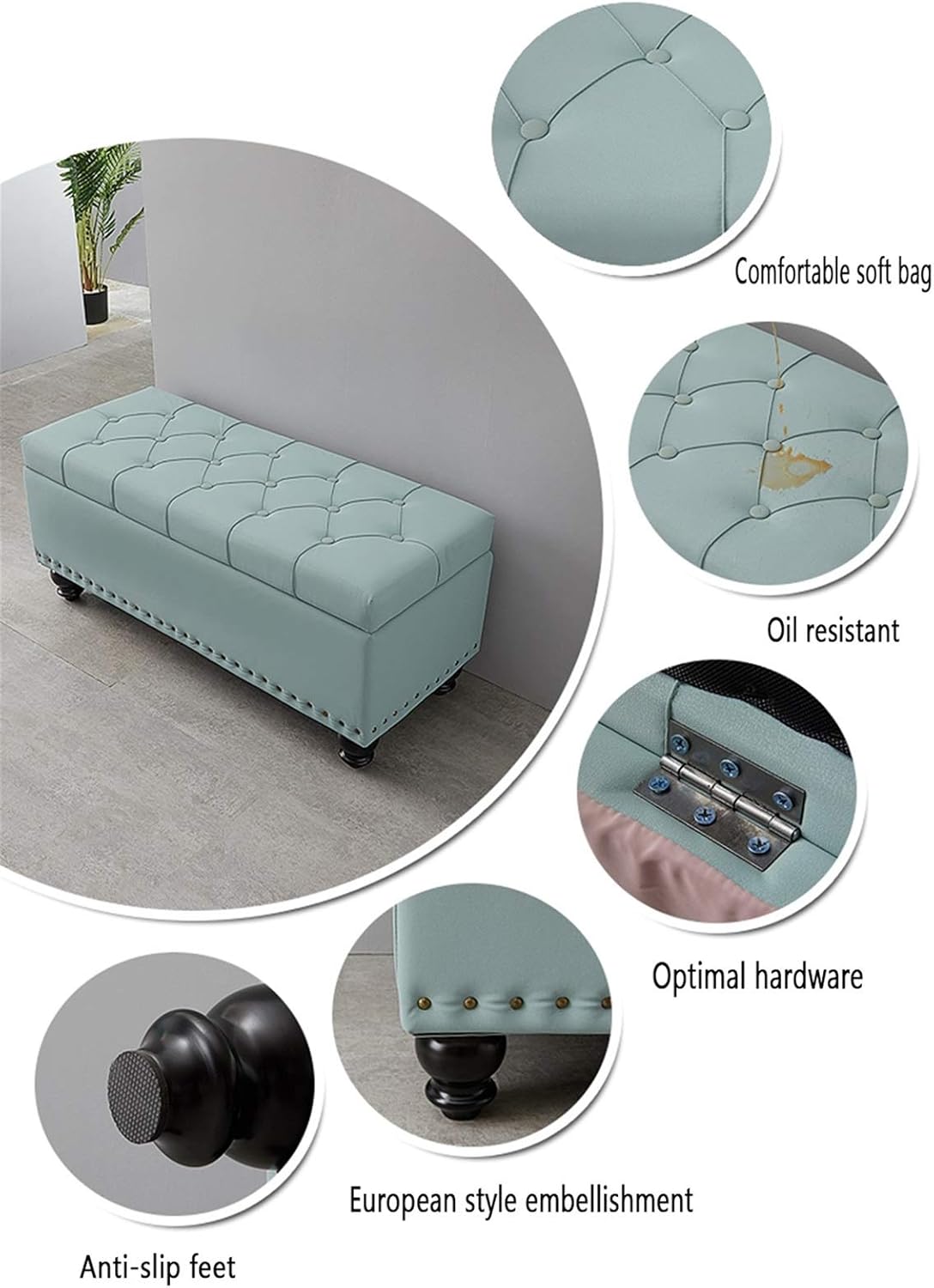 Ottoman Footstool Artificial Leather Rectangular Bench Children's Toy Box Tufted Bottom Leisure Ottoman Solid Wood feet 60x40x45cm(Mint Green)