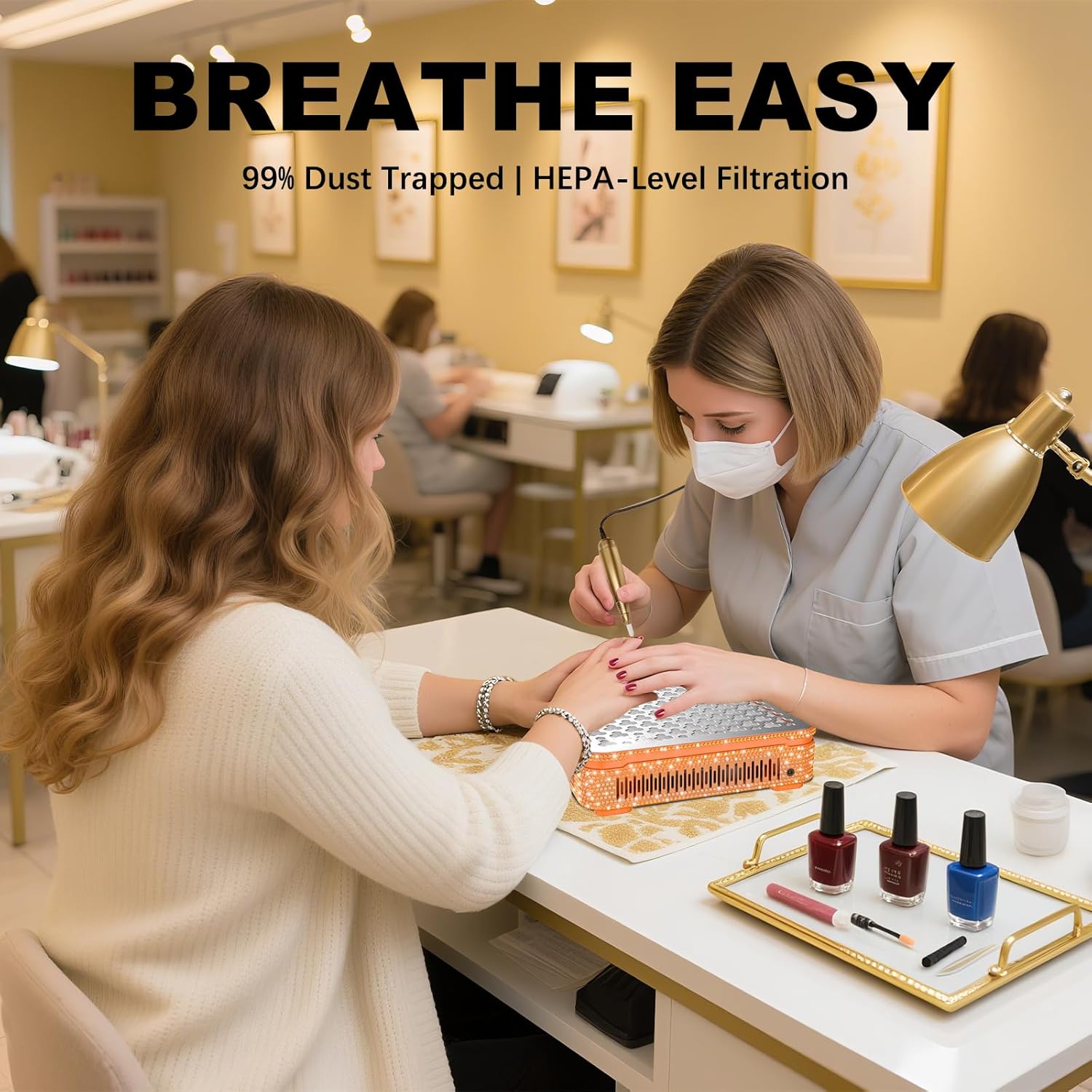 Nail Dust Collector | 1000PA Professional Nail Dust Collector | 10 Speed Levels| Low Noise & Strong Suction| Reusable Filter, 10 Pads + Nail Dust Brush| for Acrylic Nails, Salon & Home -Orange Diamond