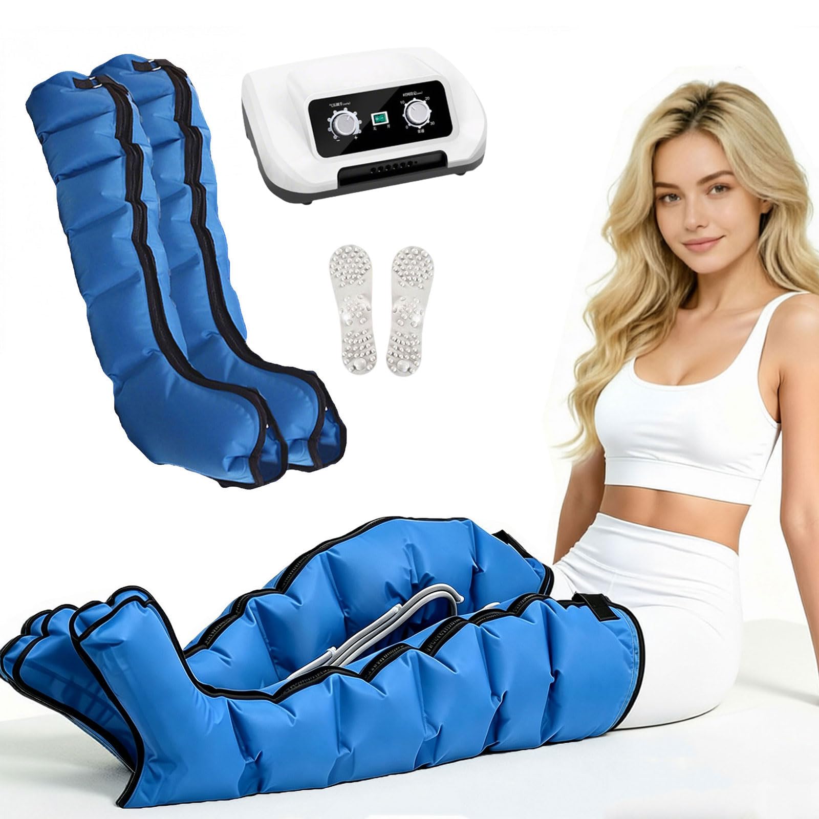 Masajeador Presoterapia Piernas y Abdomen, Botas de Presoterapia 6 Cámaras | Sistema Neumático con Presión Ajustable 0-240 mmHg y Temporizador 30 Min para Casa, Oficina y Bienestar Diario