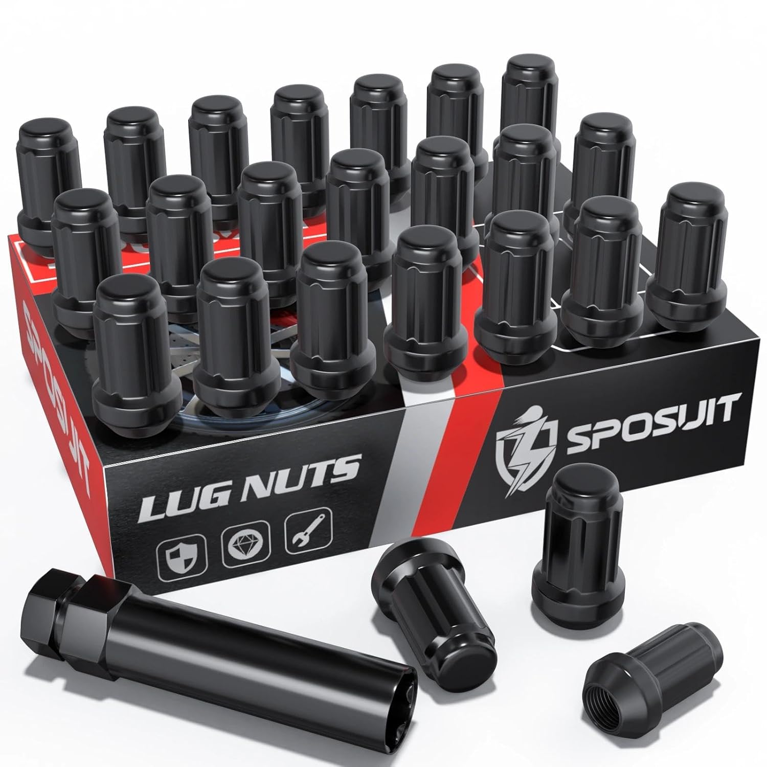 Sposuit M12x1.25 Spline Lug Nuts - Replacement for Nissan 1998-2024 Frontier, 2004-2024 Titan(NOT XD), 1987-2014 Pathfinder, 2000-2015 Xterra - Closed End Black Lug Nut with Socket(24 Pcs)