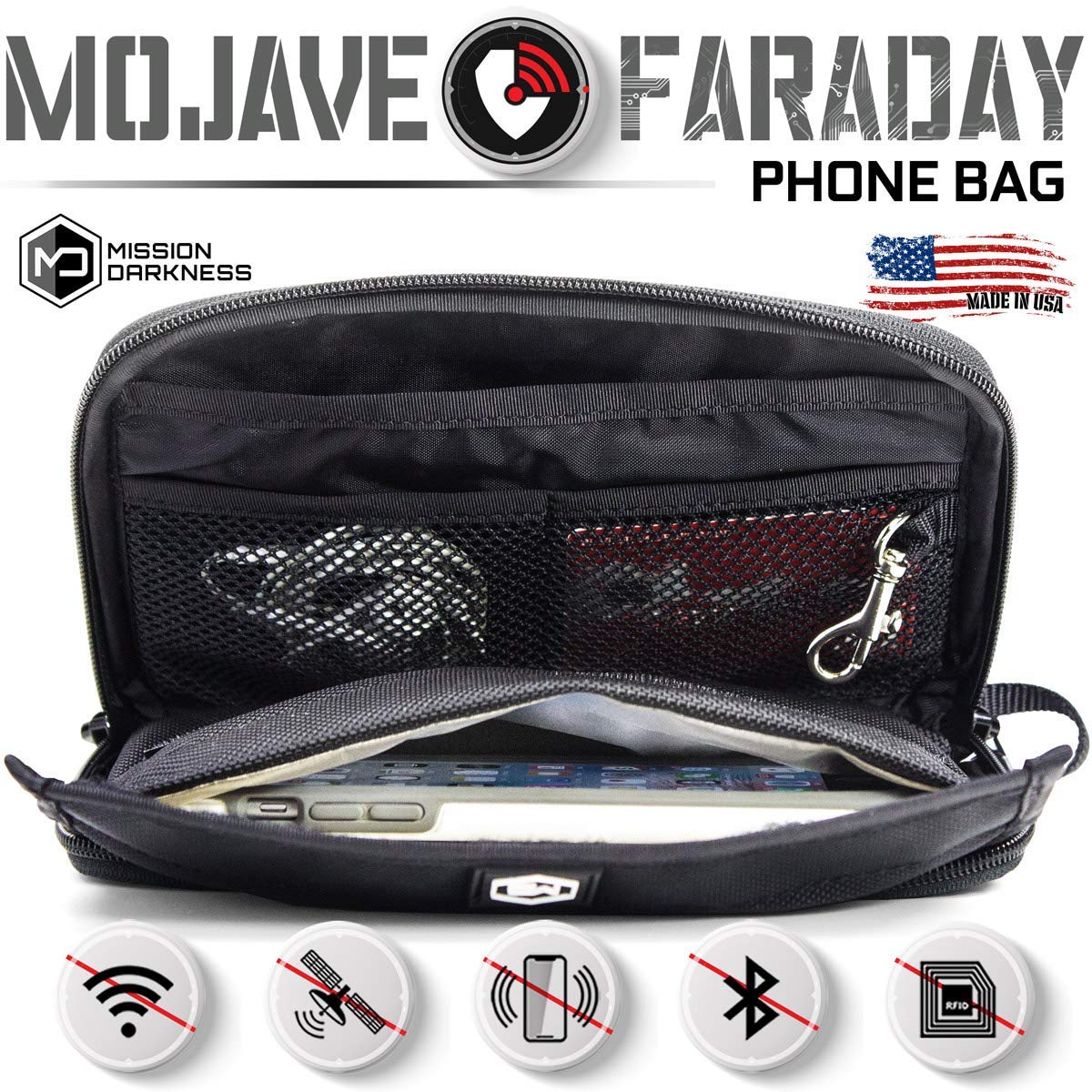 Mission Darkness Mojave Faraday Phone Bag — Multi-Functional Travel Case with Accessory Pockets and Built-in Faraday Sleeve/Signal-Blocking, Anti-Tracking, Anti-Hacking, EMF Reduction