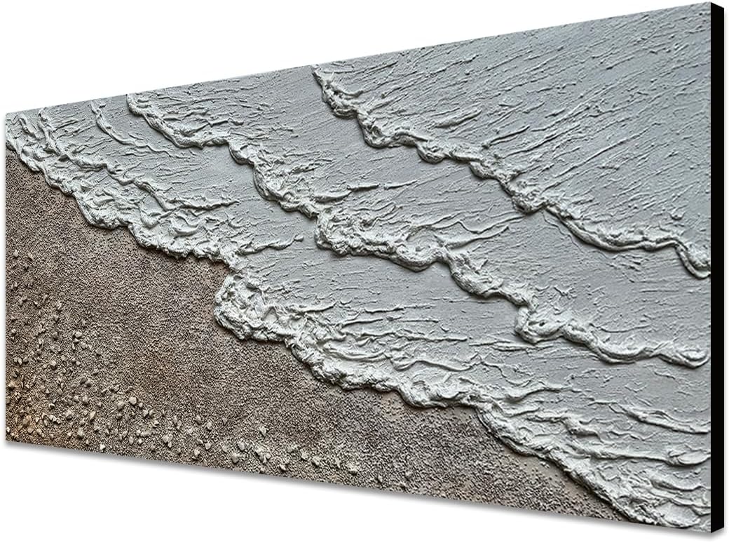 Oil Painting Hand-Painted Thick Texture Wave Beach Minimalist Modern Abstract Canvas Art Warm Acrylic Painting 20x40 Inches Home Office Wall Decoration