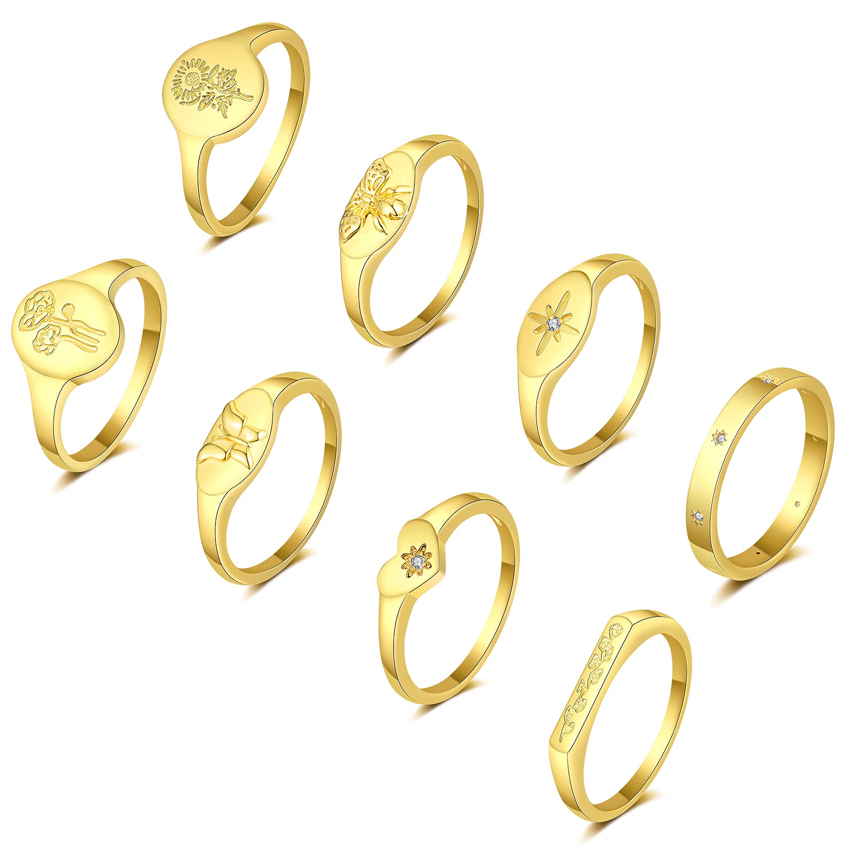 FUNEIA 8Pcs Gold Chunky Rings for Women 18K Gold Plated Thick Signet Rings Set Butterfly Bee Flower Cubic Zirconia Stackable Minimalist Statement Band Rings Size 5-9, 5 UK, Metal, alloy