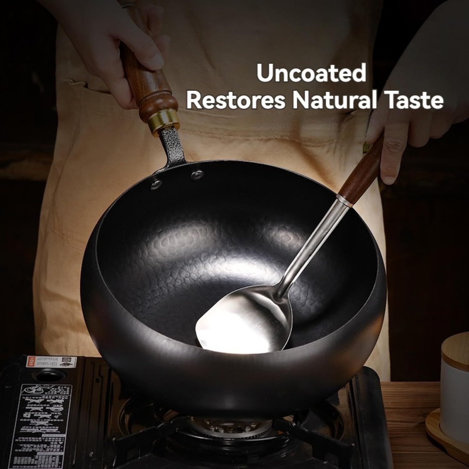 Japanese Iron Pan, Uncoated Iron Pan with Lid, Hand-Forged Non-Stick Pans without Coating Durable and Rust-Free for Kitchen Cooking Frying (Hammered Wood Lid,20cm/7.9'')