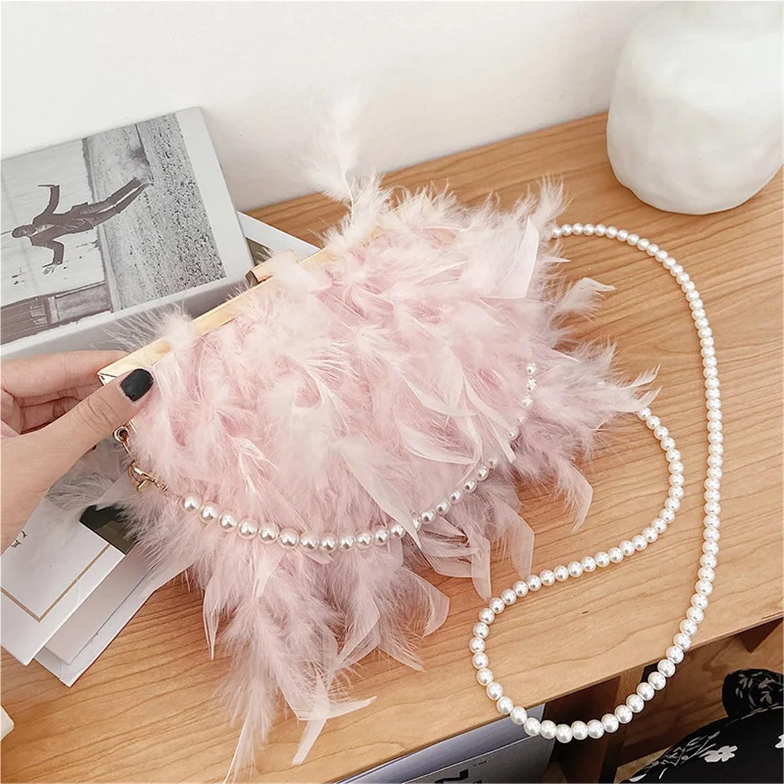 Bolso fiesta Bolso de hombro con cadena y plumas, elegante bolso mano for mujer, for fiesta noche, asa
