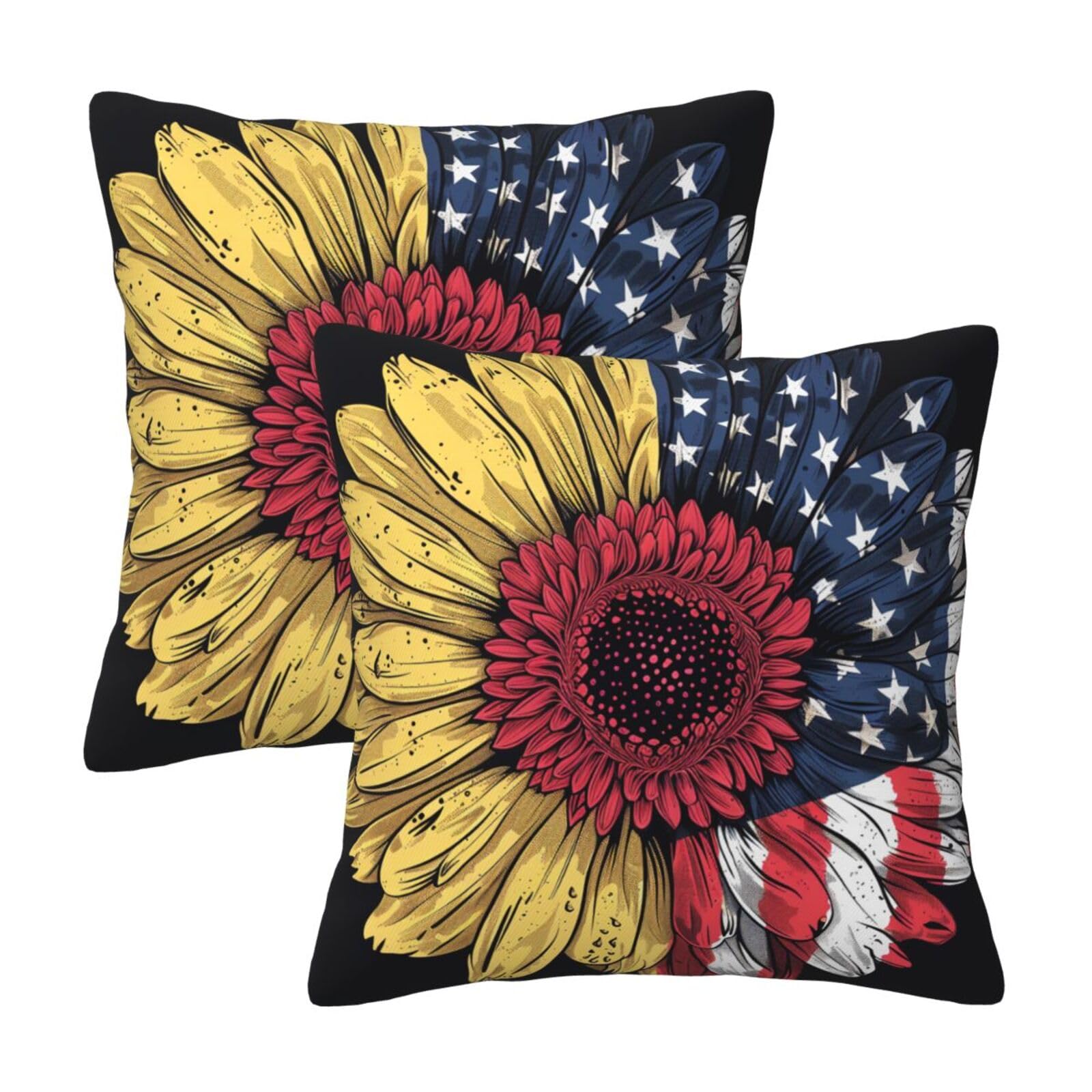 Sunflower USA Flag Throw Pillow Cases 2 Pack Square Pillowcases Soft Pillow Protectors for Couch Livingroom Sofa Bed Office Car,30x30 CM