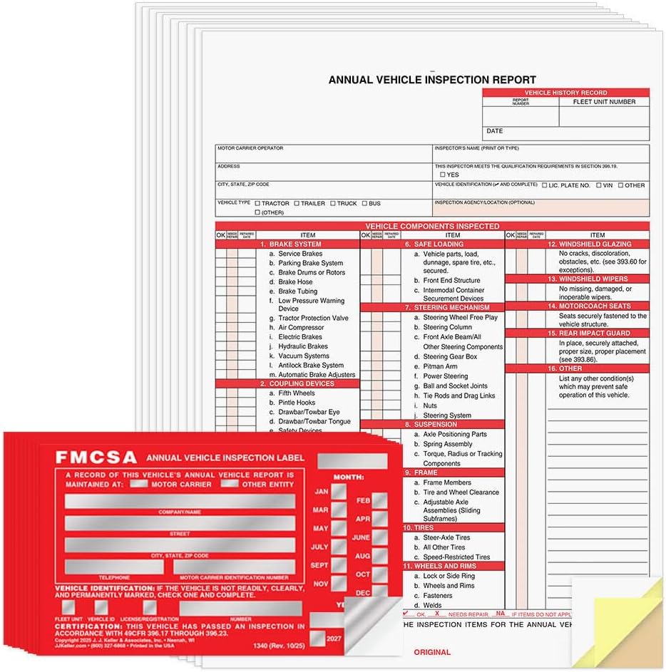 J. J. Keller 10-Pack, Annual Vehicle Inspection Report Form & Red FMCSA Label Aluminum, 3-Ply Carbonless Form, DOT Compliant