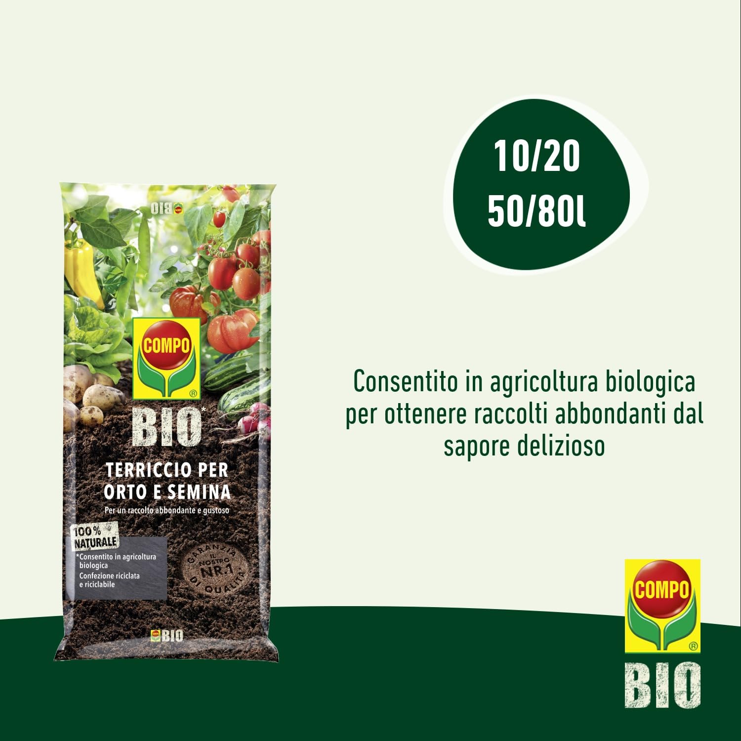 COMPO BIO Terriccio per orto e semina, Per colture orticole, frutticole e semina, 80 l