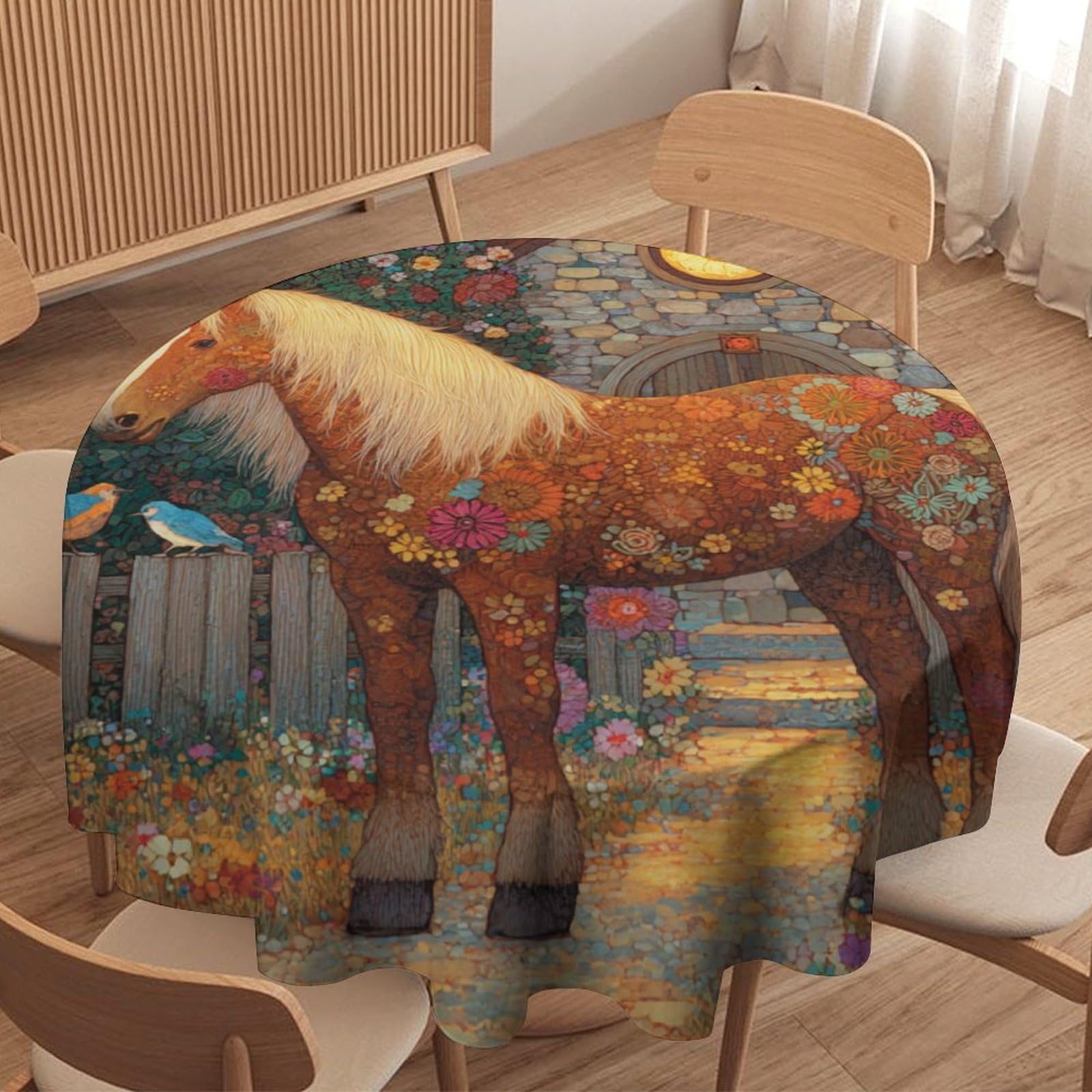 LUYYSKY Modern Oil Painting Horse Round Tablecloth Abstract Oil Painting Spring Garden Plants Flowers Animals Birds Print Washable Decor for Table Cover for Kitchen-60 Wx60 L