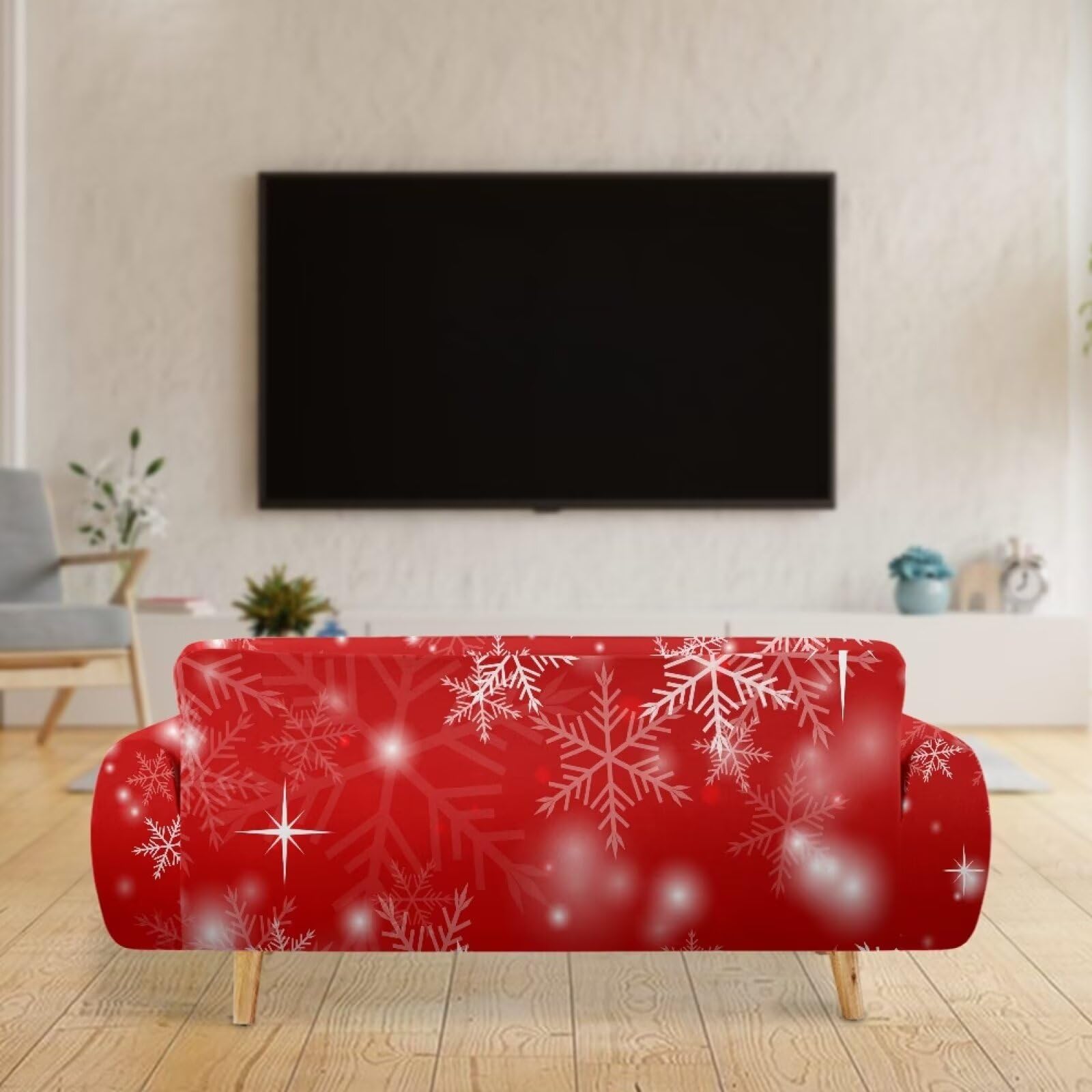 Cugasmaru Snowflake Red Couch Covers Stretch Sofa Slipcovers for Armchair Couch Christmas Sofa Cover Washable Elastic Covers Christmas 4 Seat Sofa Cover -XL