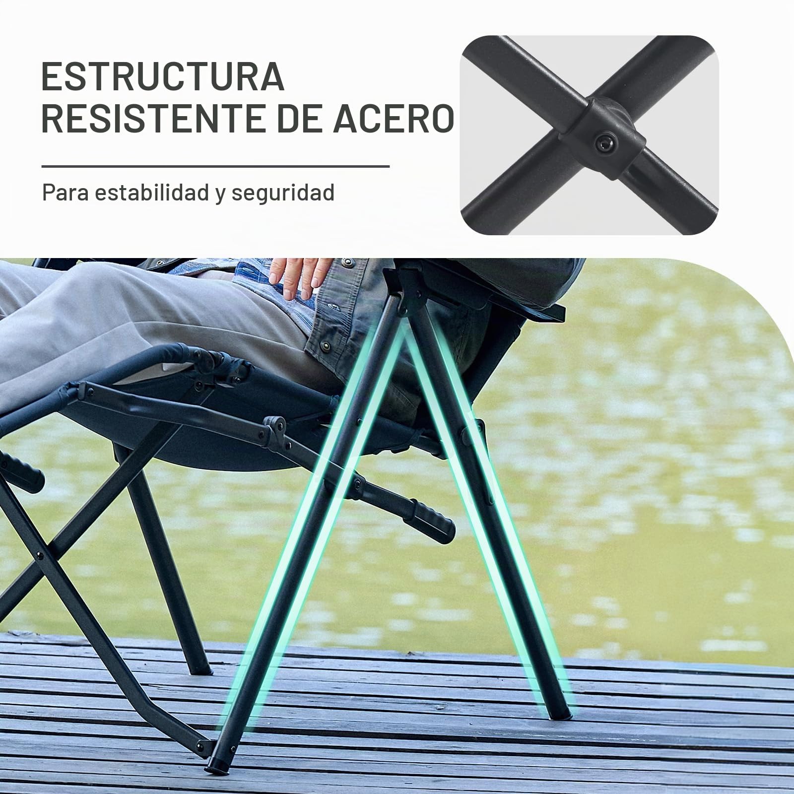 TIMBER RIDGE Silla de camping plegable en 4 posiciones, respaldo ajustable con reposapiés, asiento acolchado plegable, 150 kg, tumbona de jardín para camping, jardín, balcón, autocaravana