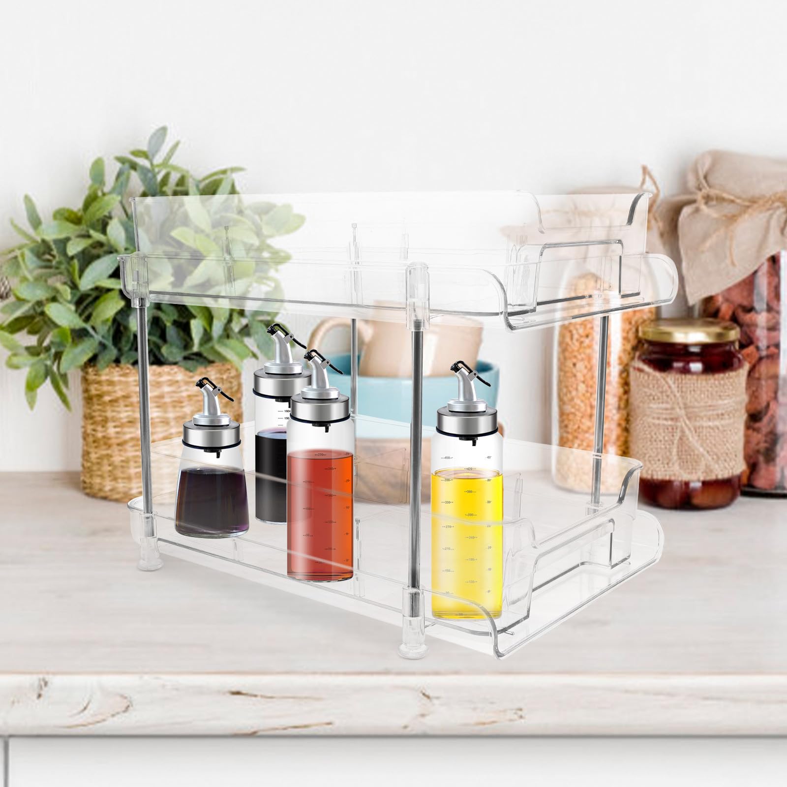 Abaodam Organizer Cosmetici da Tavolo a Due Livelli in Pet e Acciaio Inox | Piano Lavabo, Finitura Trasparente, Struttura Estraibile, Lavorazione Precisa e Stabile