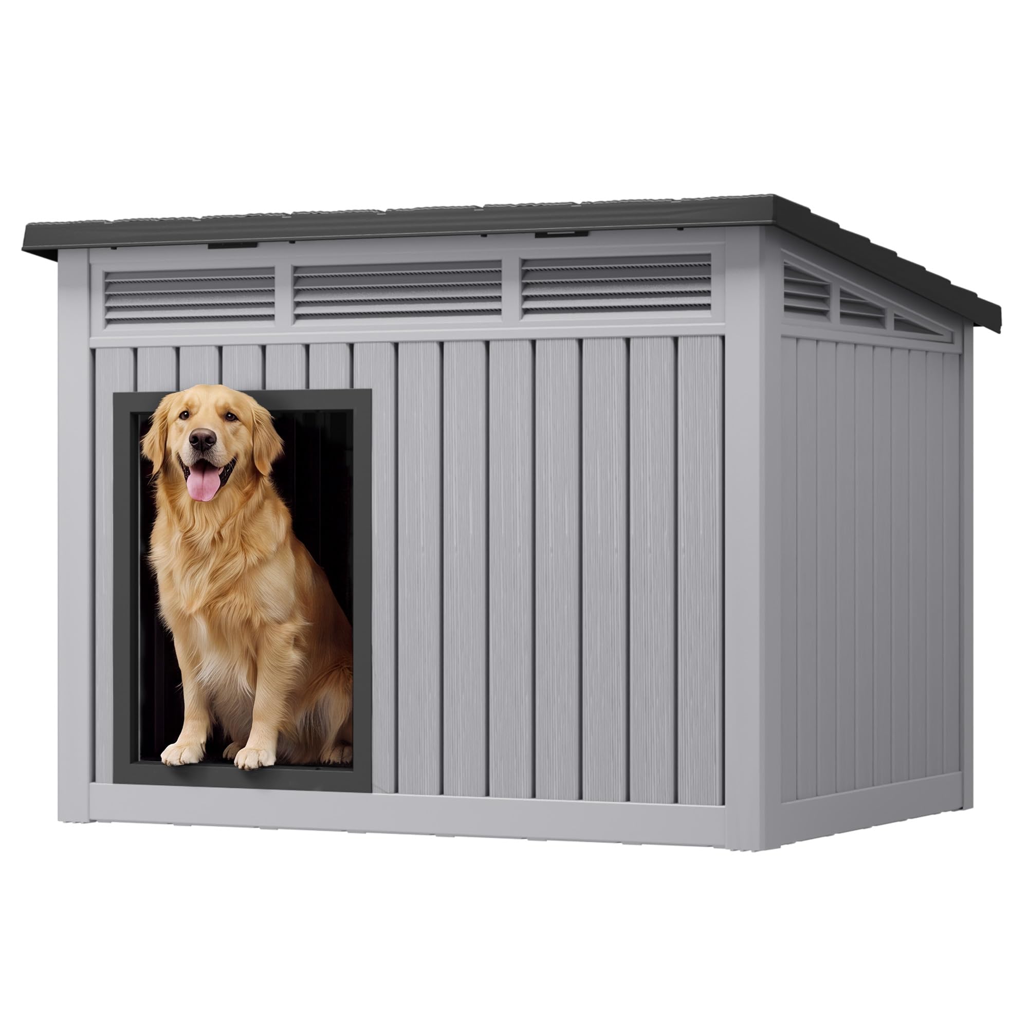 Fancyango Outdoor Dog House for Large Dogs, Outside Dog House with Weatherproof Roof, XL Dog House (Classic Grey, 43" L x 33" W x 32" H)