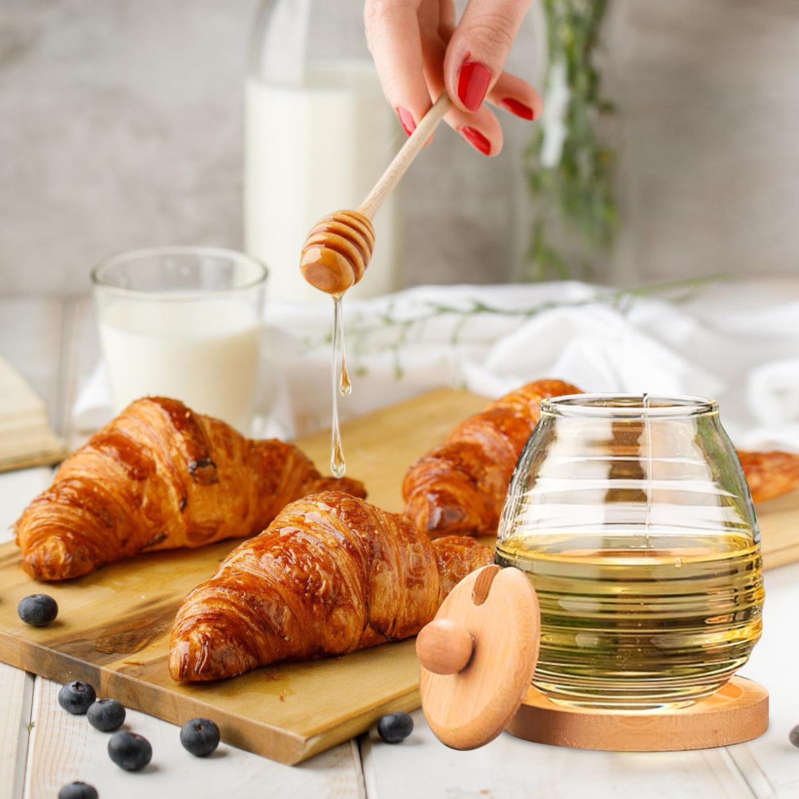 Pot à Miel 500ml En Verre Borosilicate Avec Cuillère Et Couvercle Bois - Distributeur Élégant