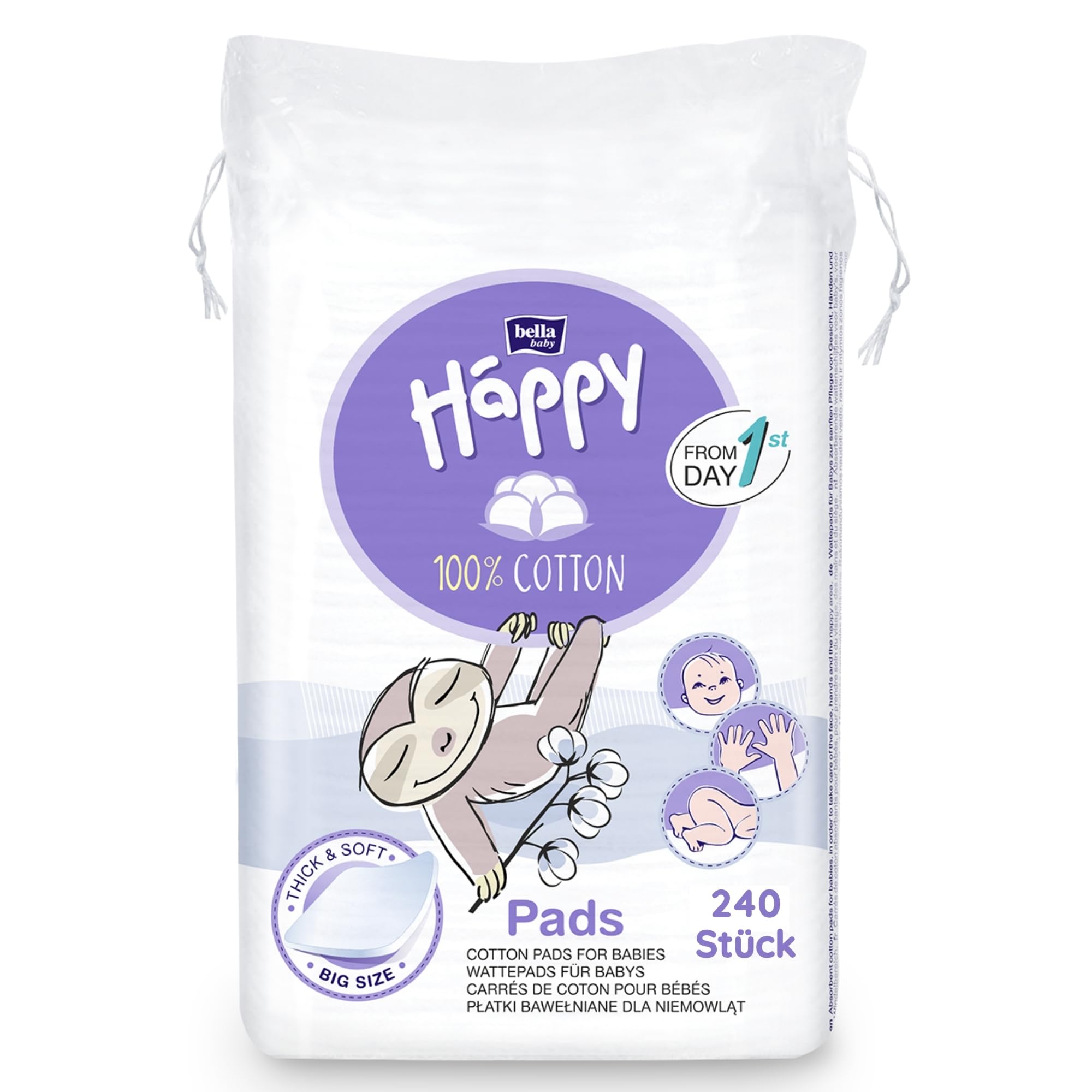 bella baby Happy große quadratische Wattepads aus 100% Baumwolle 4er Pack (4 x 60 Stk.) 9 x 11 cm