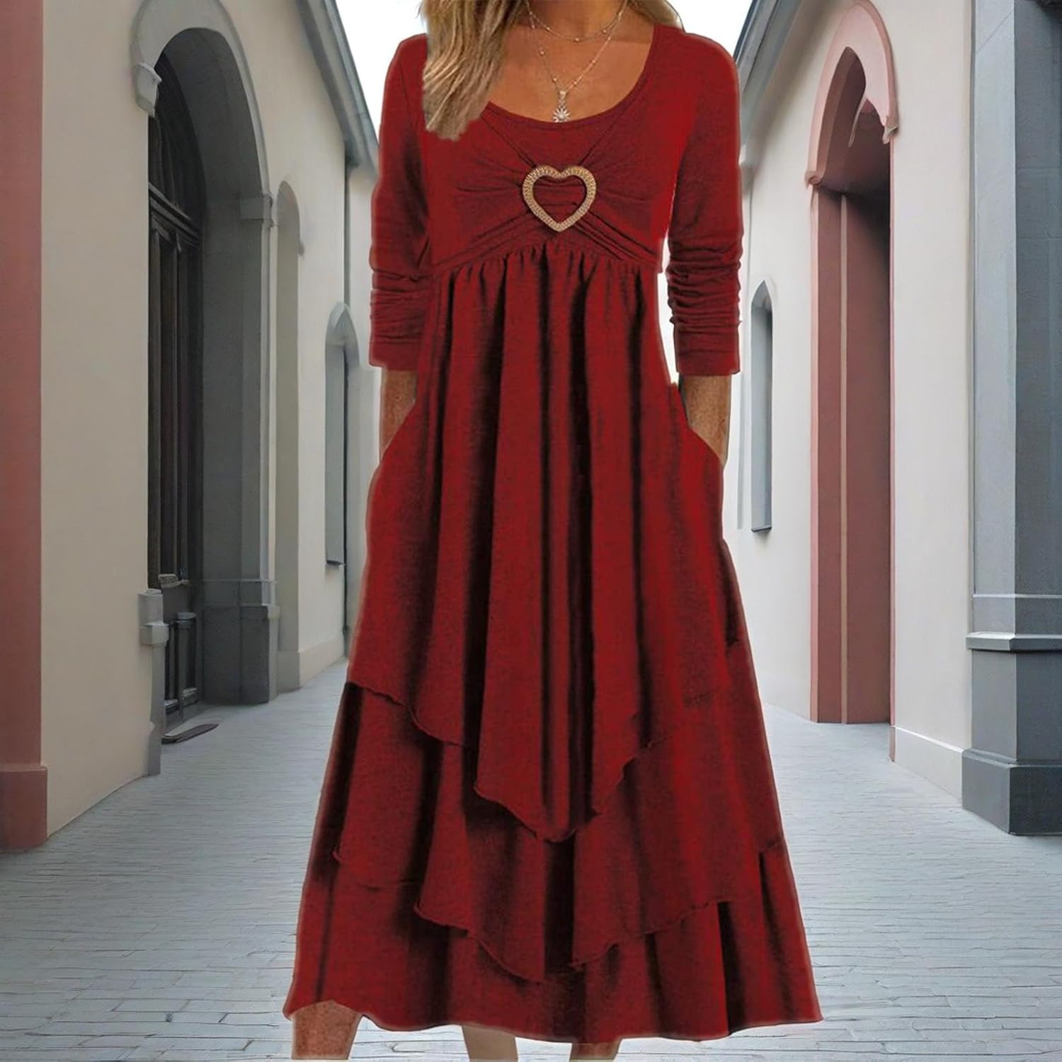 Winter Dresses for Women Wedding Guests Casual Cute Heart Long Sleeve Tiered Maxi Dress with Pockets Plus Size - Image 3